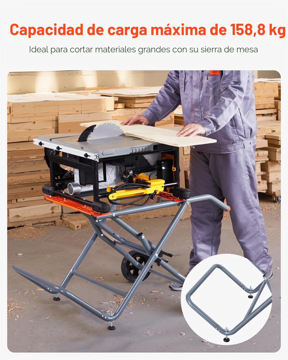 VEVOR Soporte de Sierra de Mesa Portátil con Ruedas de Goma de 203 mm, Capacidad de Carga de 158,76 kg, Construcción Resistente, Universal para la Mayoría de las Marcas de Sierras de Mesa, Gris