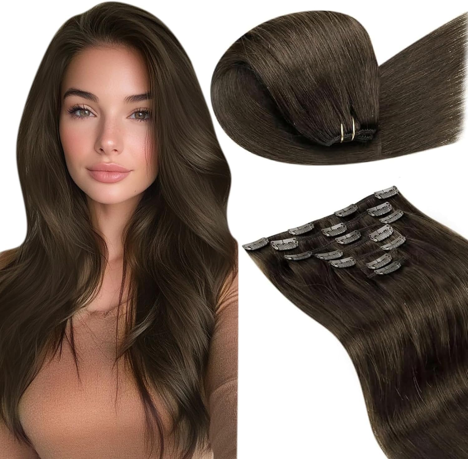 LaaVoo Hair Extensions Clip in Real Human Hair Brown Clip in Hair Extensions Dark Brown Full Head 16 Inch 120g 7pcs Remy Straight Hair Double Weft #4 — view 26