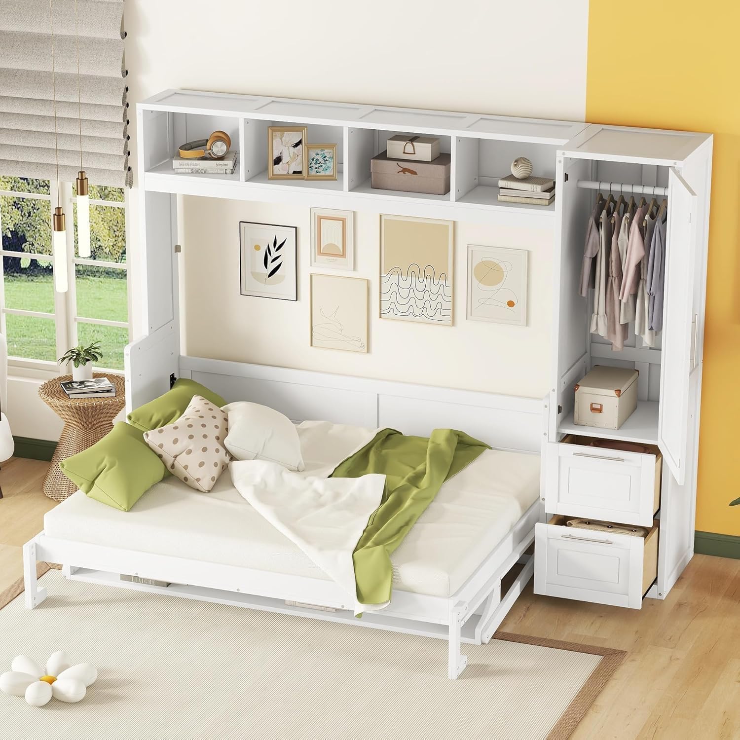 MERITLINE Queen Murphy Bed with Wardrobe Closet,2 Drawer,4 Storage Open Shelves,Wood Folding Murphy Wall Bed Cabinet (Grey)