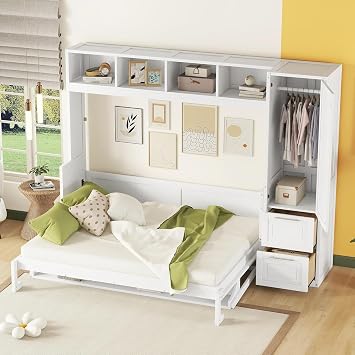 Queen Murphy Bed with Storage Shelves,Drawers and Wardrobe Closet,Wood Folding Murphy Wall Bed Cabinet White