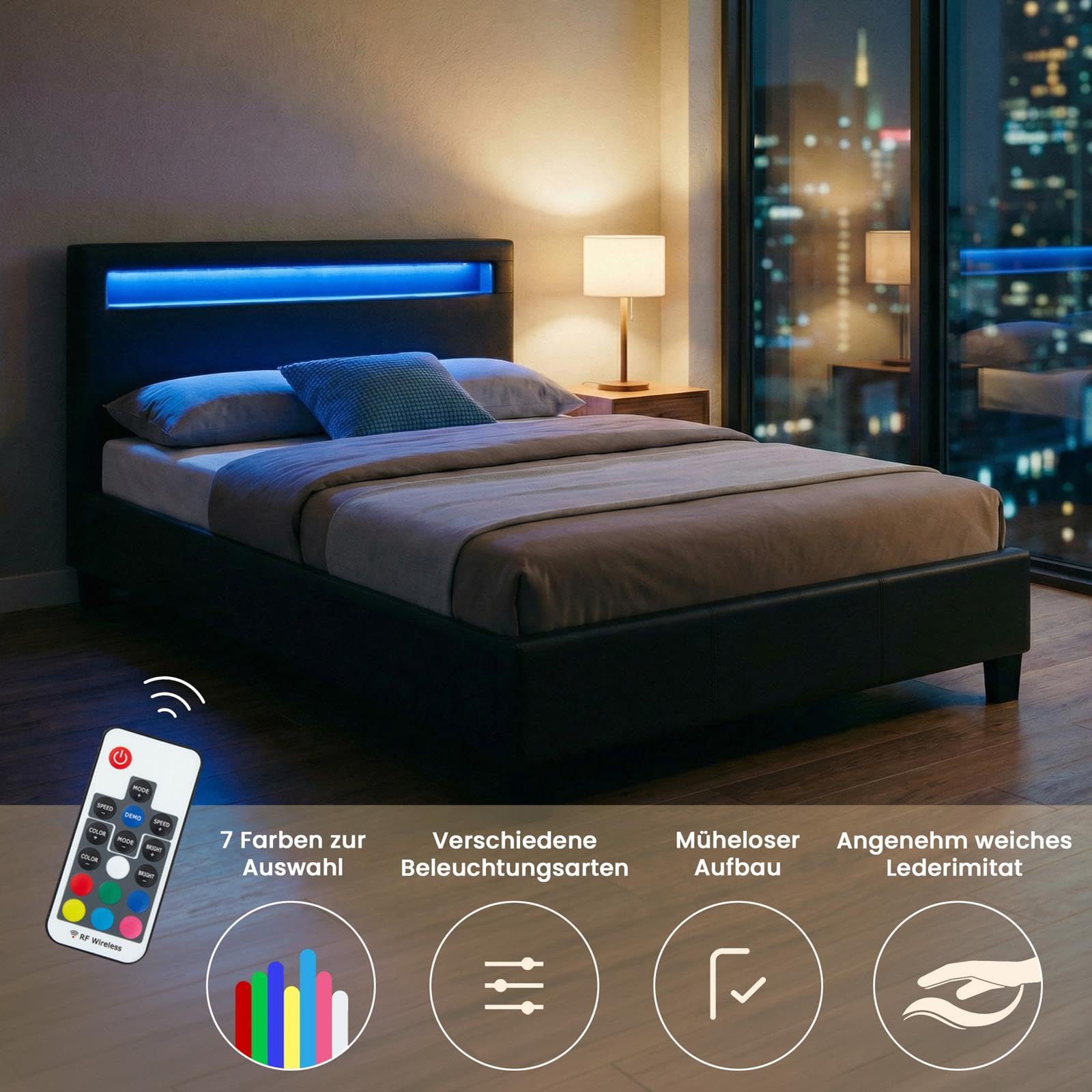 CARO-Möbel Polsterbett MIRASOL 120x200 cm, Schwarz - Einzelbett mit LED Beleuchtung im Kopfteil, inkl. Fernbedienung, Jugendbett aus Kunstleder mit Lattenrost