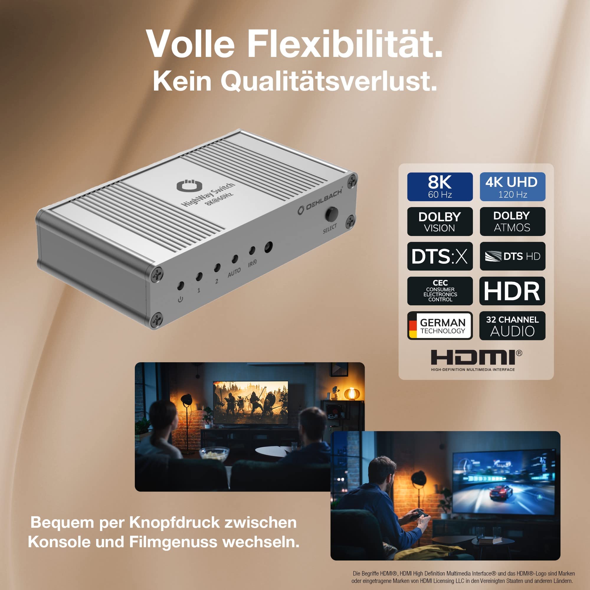 OEHLBACH Highway Switch 8K - HDMI 2.1 Umschalter - 2 In 1 Out HDMI-Adapter mit Fernbedienung (4K 120Hz, 8K 60Hz, 48Gbits, VRR, Dolby Vision, Atmos, HDR10, HDCP 2.3) - Silber matt