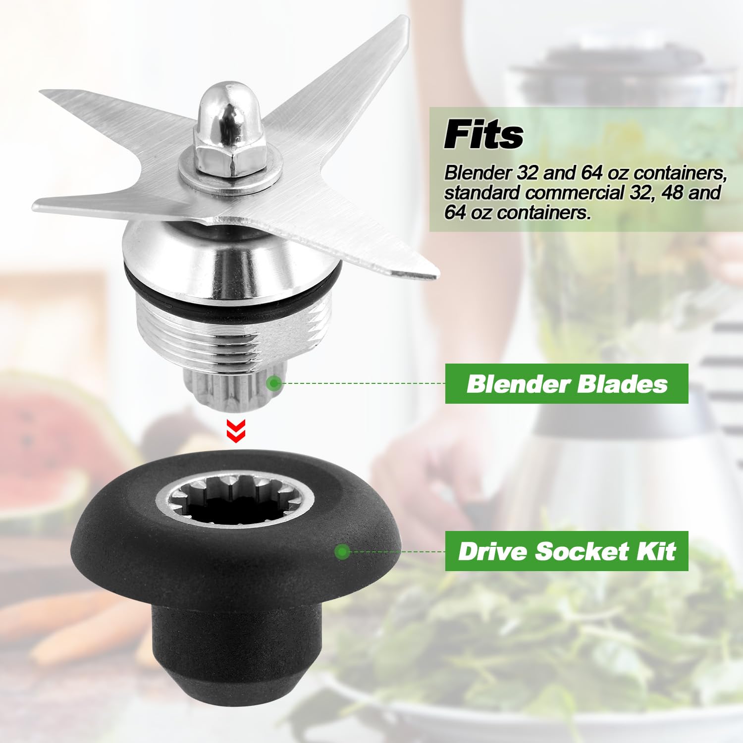 Cuchilla Repuesto para Vitamix Licuadora Recipiente 64oz y 32oz, Conjunto Cuchilla Repuesto Acero Inoxidable y Plástico con Kit de Dado Accionamiento y Llaves(Negro, Plateado)