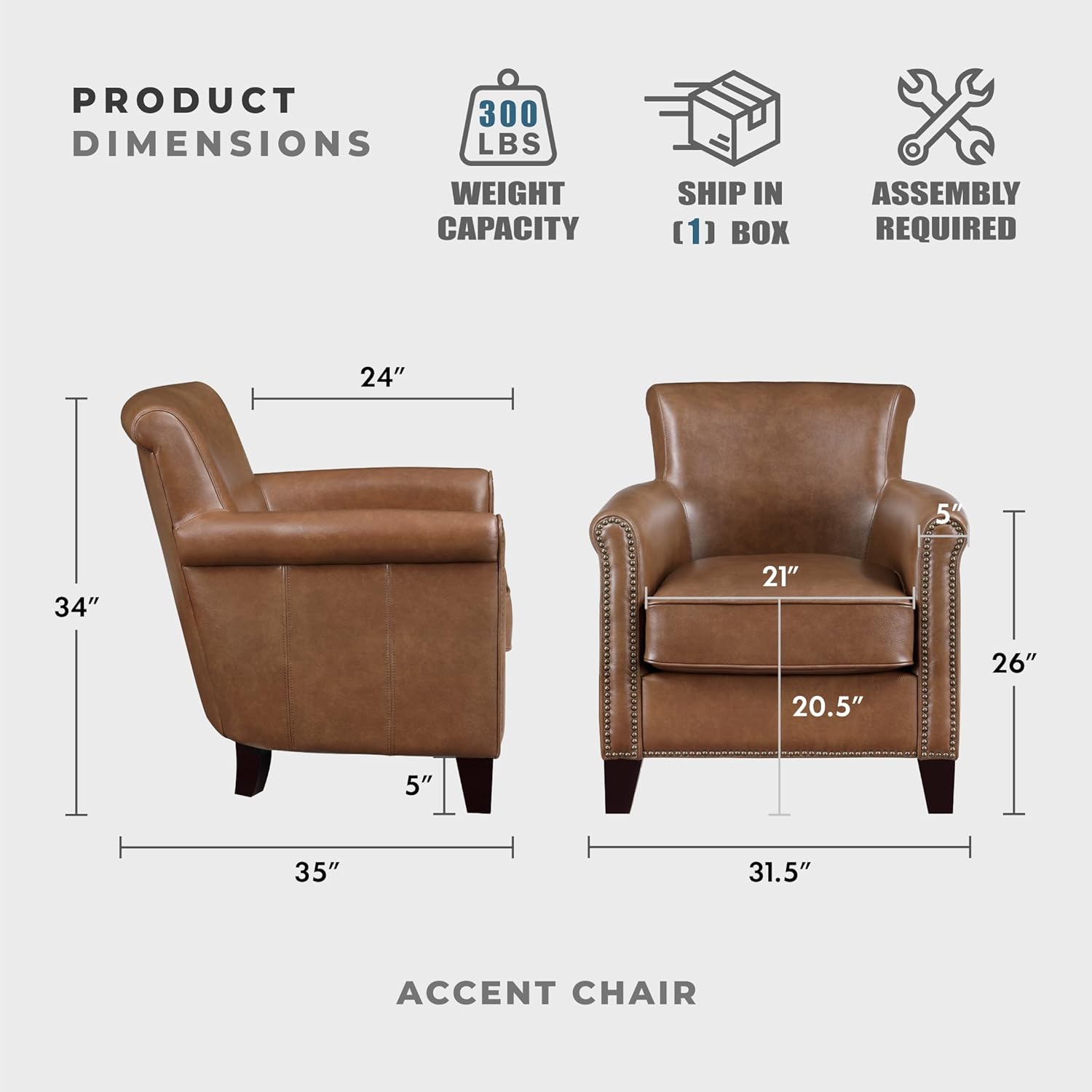 Lexicon 100% Top Grain Genuine Leather Chair, Leather Accent Chairs for Living Room, Solid Wood Frame, Rolled Armrest & Nailhead Trim, Comfy Reading for Bedroom, Office, Waiting Room, Brown