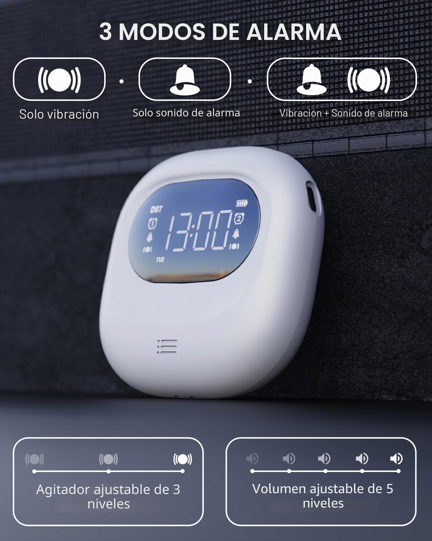ROCAM Despertador con vibración para Personas Que Duermen Mucho, Funciona con Pilas, Volumen Ajustable en 5 Niveles, Alarma Doble/Fin de Semana, Snooze, 12/24H, DST, Reloj Digital portátil