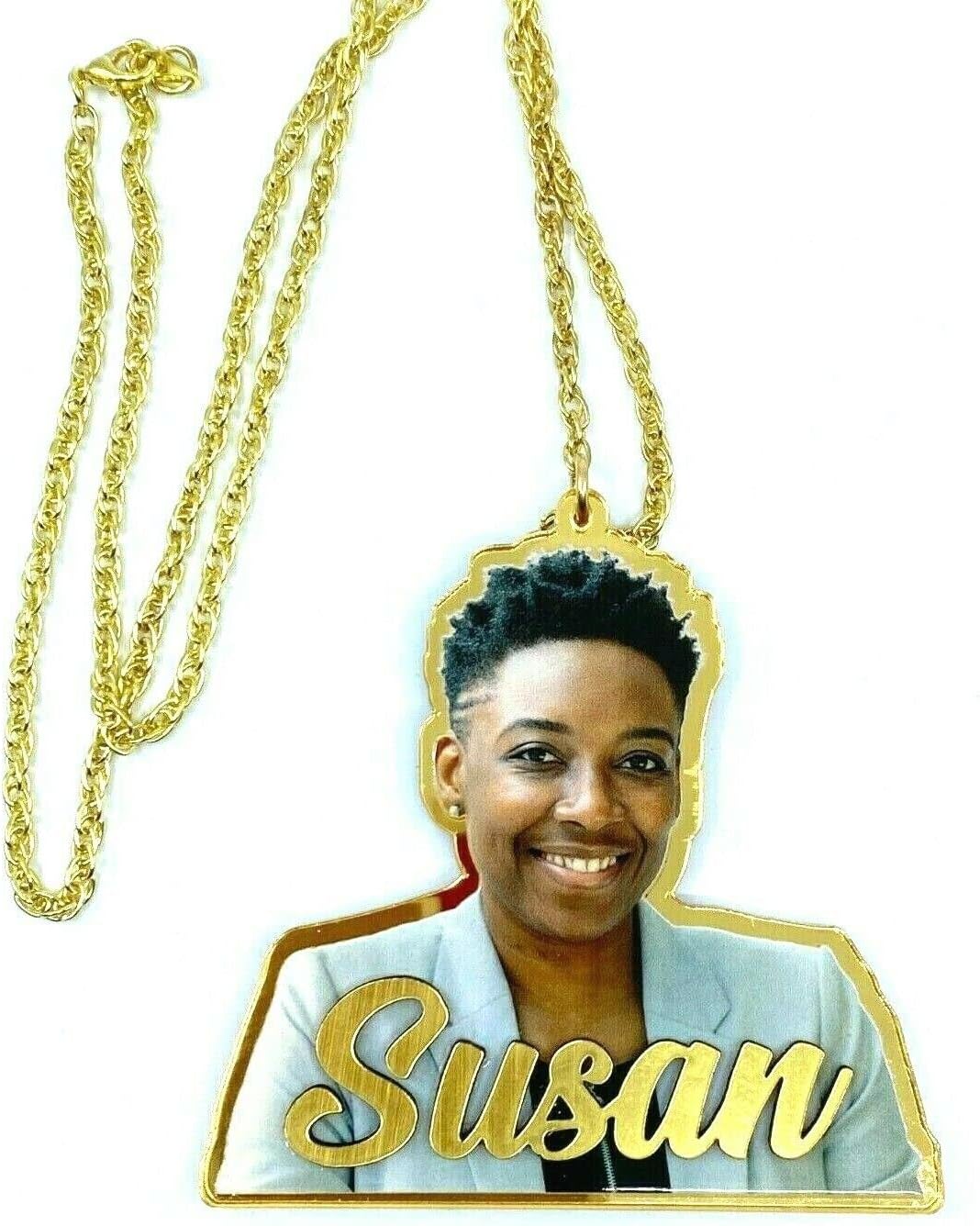 MIRROR MANIA All New Your Own Picture Photo UV Printed Premium Nameplate Necklace Chain Personalized Free Laser Cut Any Name Custom With Silver or Gold Choice Chain- WOW!