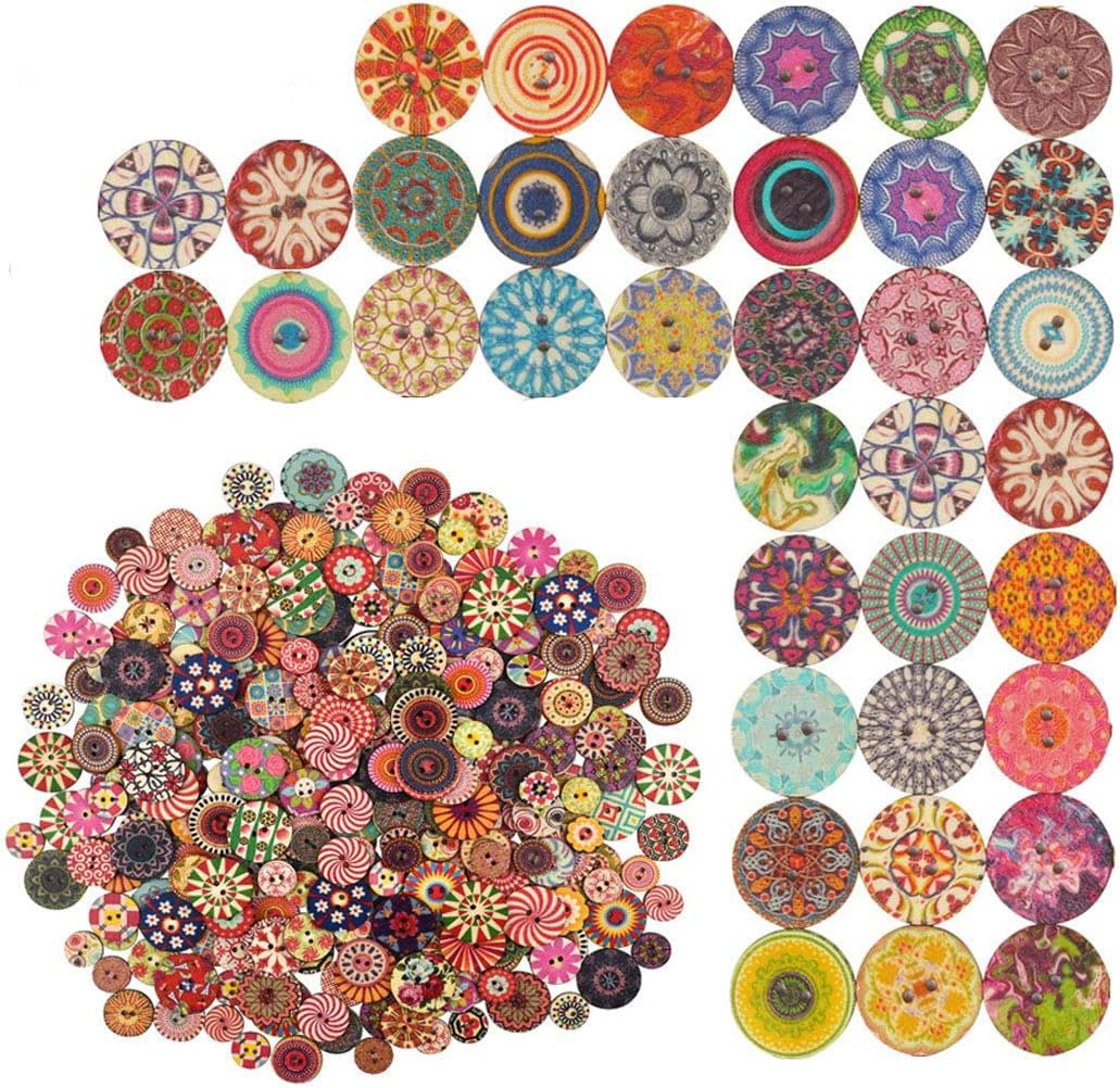 MAKINGTEC 400pcs Wooden Handmade Buttons, Mixed Random Flower Painting Round 2 Holes Decorative Wood Wooden Buttons for Clothes DIY Baby Cardigans Clothes Sewing Crafting Project (20mm)