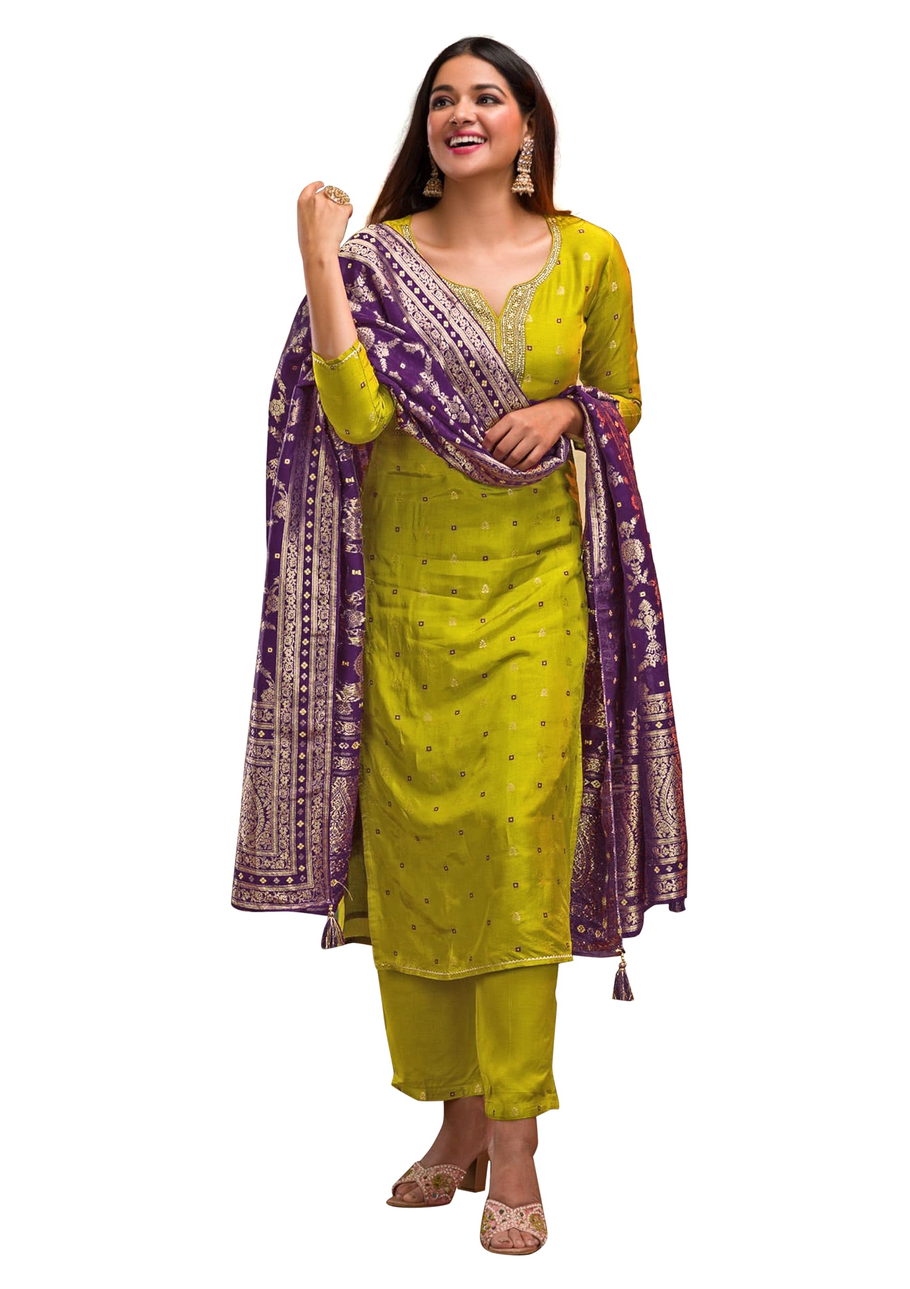 trendmalls Women's Silk Embroidery Kurta Pant Set with Banarasi Dupatta-picture-37
