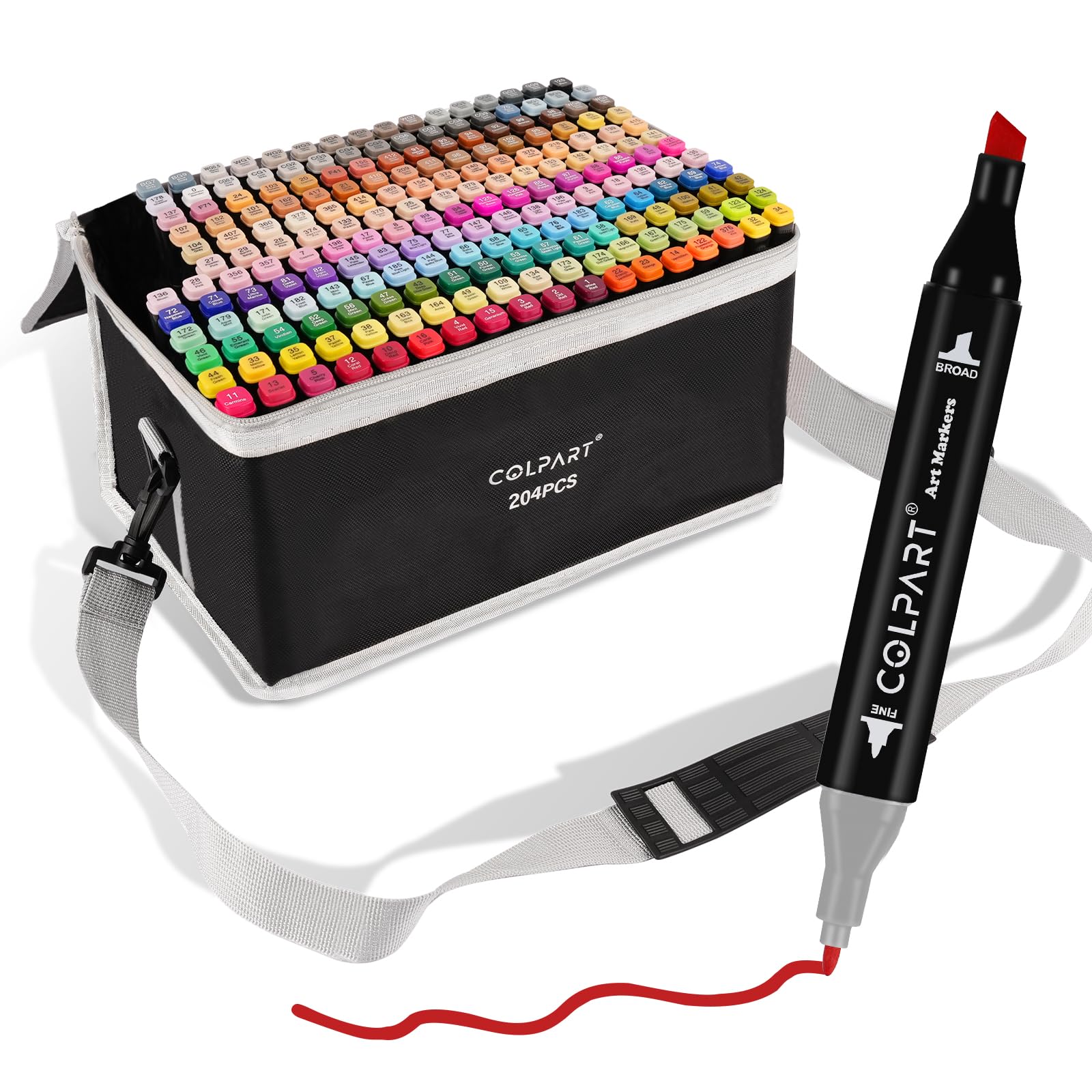Colpart Marqueurs à l'alcool 204 couleurs à double pointe avec porte-stylos et sac de transport pour adultes, fournitures de peinture et de coloriage parfaites pour la peinture, le coloriage