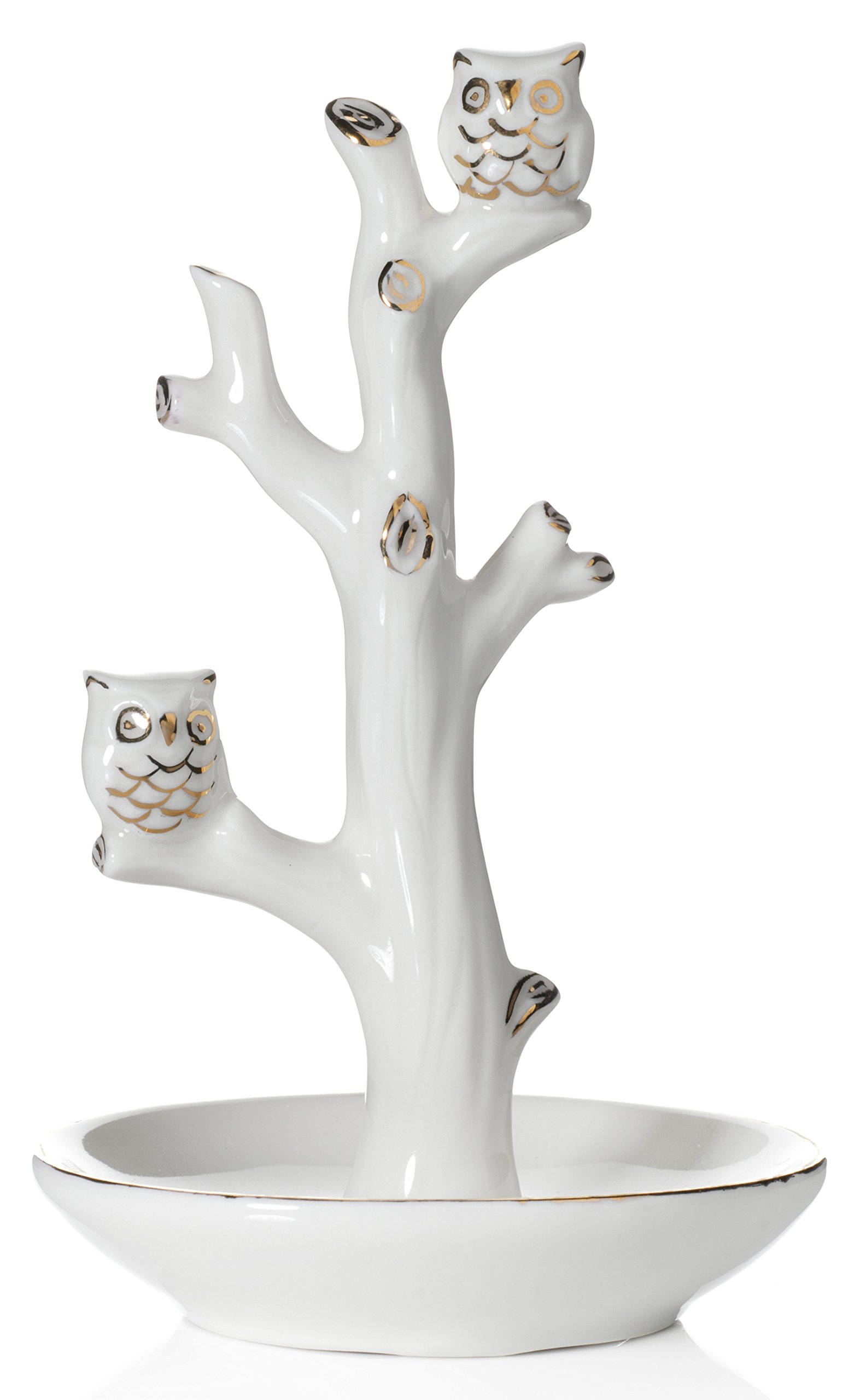 Beth Marie Luxury Boutique Owl Ring Holder Tree Dish, White with Real 24K Gold Plating, Ceramic Engagement & Wedding Ring Holder