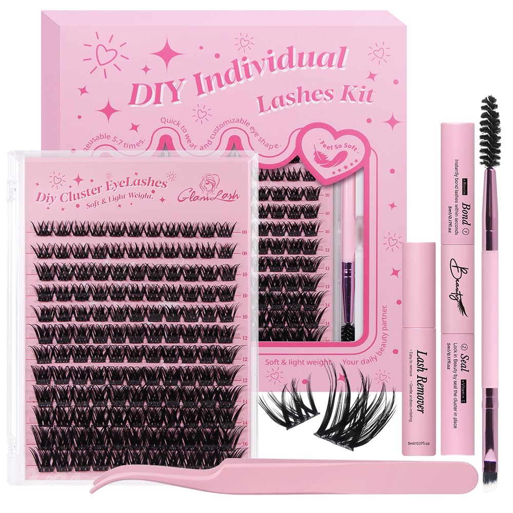 GLAMLASH Ciglia Finte Ciuffetti Kit Extension Ciglia Lash Clusters con Bond e Rimuoviciglia 8-16mm,DIY Eyelash Extension Kit (DM-FD12)