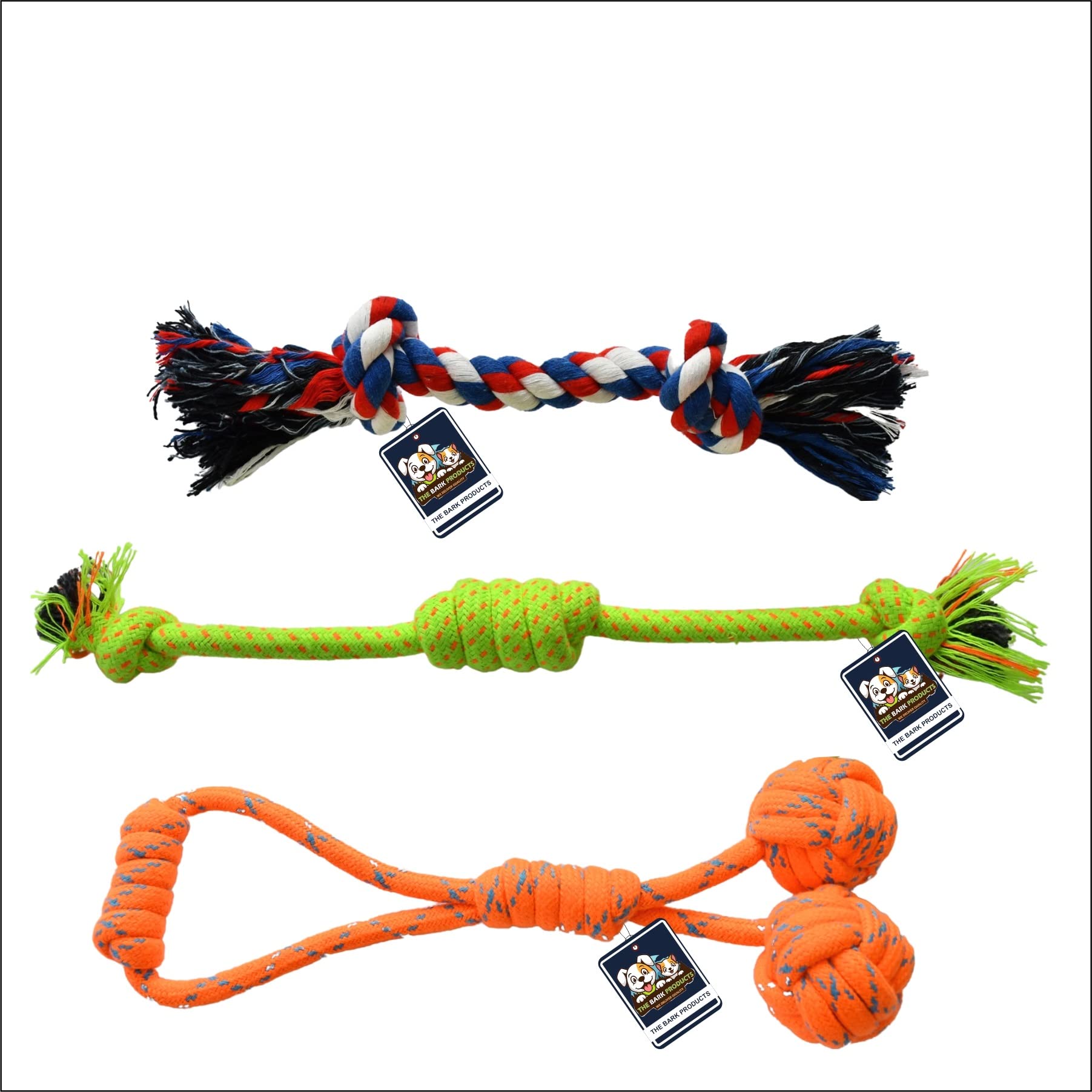 The Bark Products Heavy Duty Dental Dog Chew Toys (100% Cotton 2 Knot + Rope Toffee + Handle 2 Knot 2 Ball) Durable Exceptional Attractive Vibrant Colors (Color May Vary) Set of 3 (B0BKGCQ8XP) Amazon Price History, Amazon Price Tracker