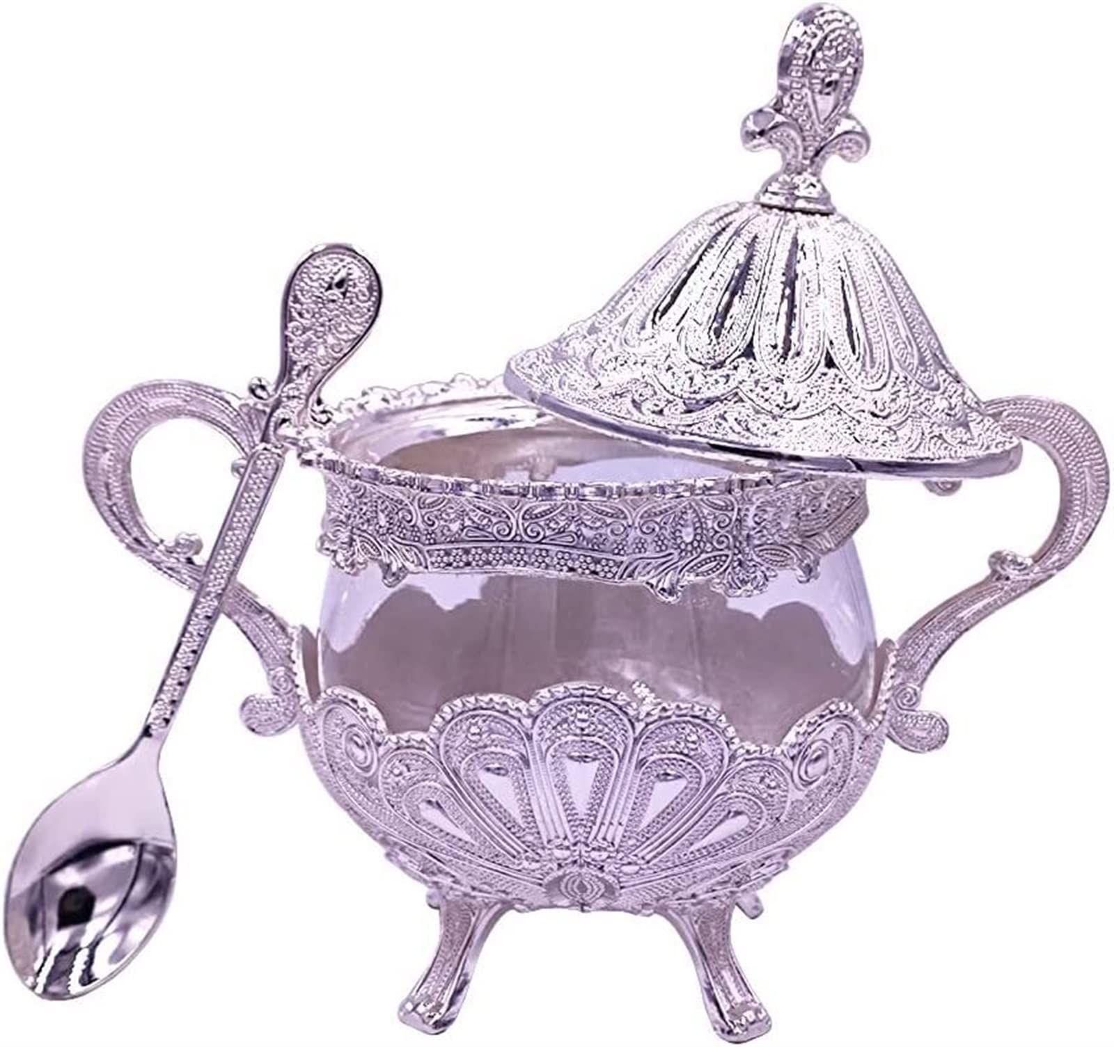 Zuckerdose/Topf, Salzgewürzbehälter, Gewürzglas, Zuckerdose mit Deckel und Löffel for Küche, Kaffeebar und Hochzeitsfeier, Zuckerbehälter aus Metall und Glas for Würfelzucker und Puderzucker, Gold (