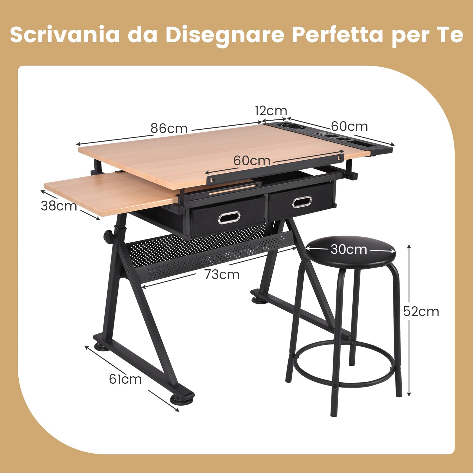 GYMAX Tavolo da Disegno Regolabile in Altezza, Scrivania Regolabile in Inclinazione, Tavolo per Dipingere con Sgabello, 119 x 60 x (73,5-98) cm (NATURALE)