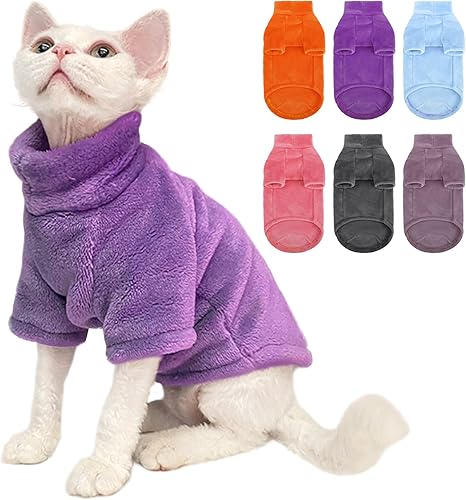 Miniatura 9 de SUNFURA Abrigo de cuello alto para gato, chaleco de forro polar de invierno para gato, pijama suave y acogedora con mangas para cachorros y gatos,