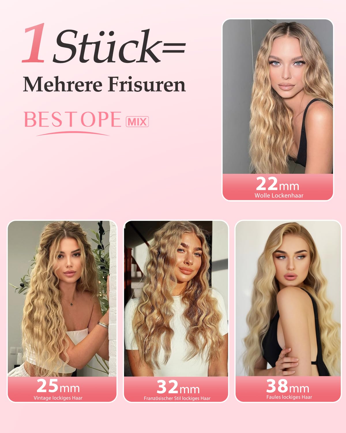 22/25/32/38mm Einstellbar Welleneisen für Haare - 4 In 1 Lockenstab für Beach Waves/Natürlich Wellen/Wasserwellen/Mermaid Waves, 3 Fässer Welleneisen, Anzeige, 4 Temperaturen(140-210°C), Rose Gold