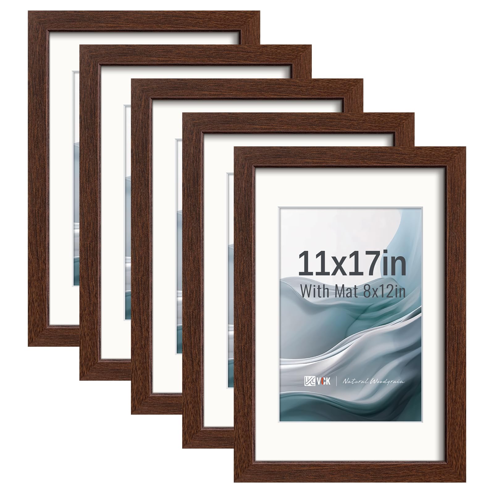 VCK 11x17 Picture Frame 5 Pack, Brown Exclusive Wood, HD Glass, for Photo