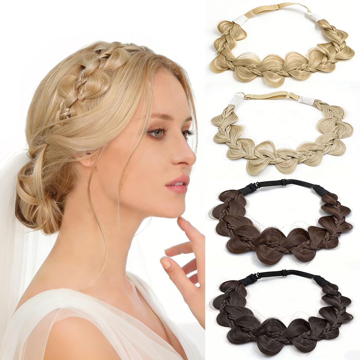 PARXITN Damen Fluffy Haarband 4 Stränge Verstellbarer geflochtener Haarreif Stirnbänder für Frauen Synthetisches Haar Zopf-Haarband Geflochtener elastischer Haarreif Mix Blond