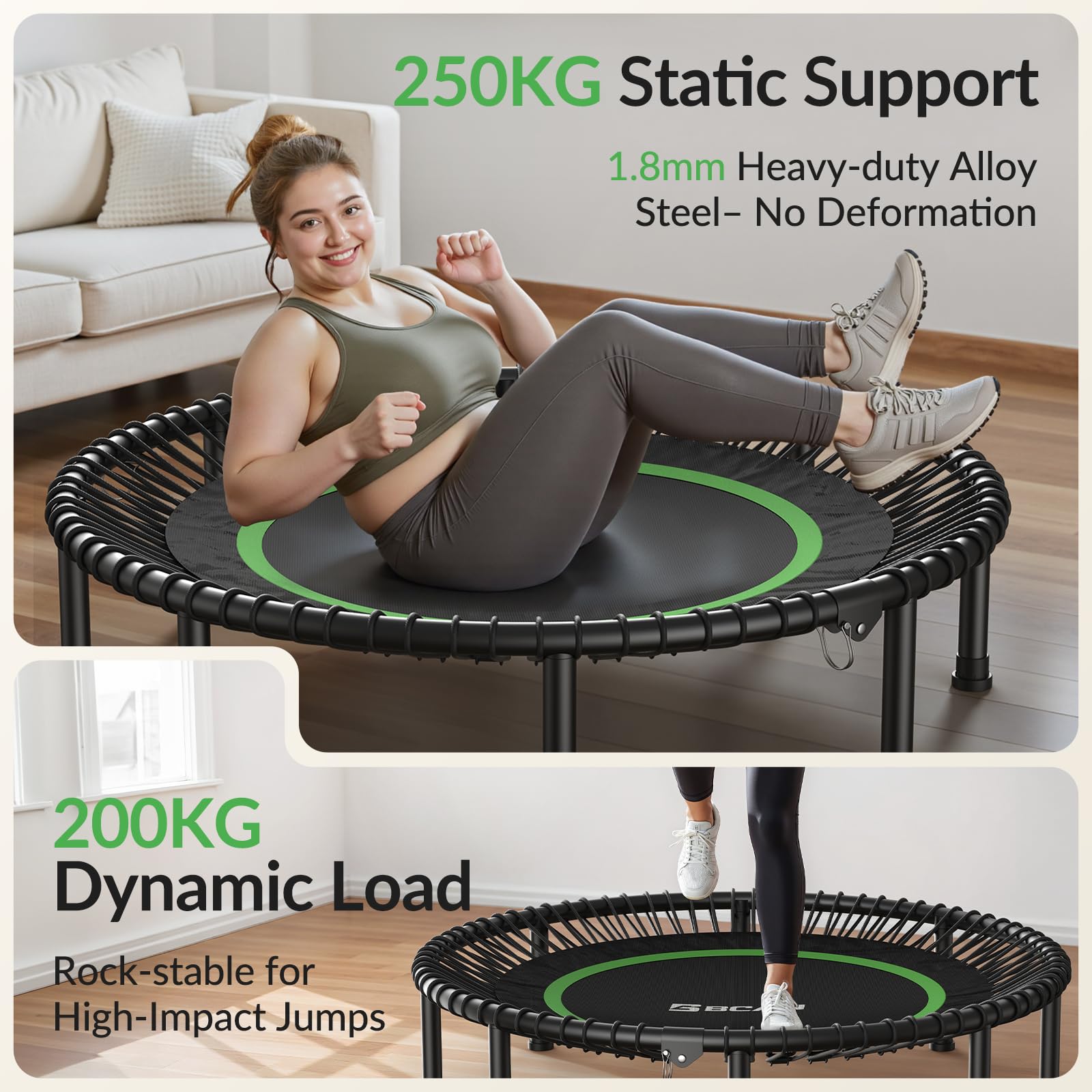 BCAN Fitness Indoor-Trampolin, Ø 102/122 cm Durchmesser, Bungee/Feder-Minitrampolin, geeignet für Erwachsene bis 204/250 kg, Bodentrampolin mit verstellbaren Griffen, leise und vibrationsarm