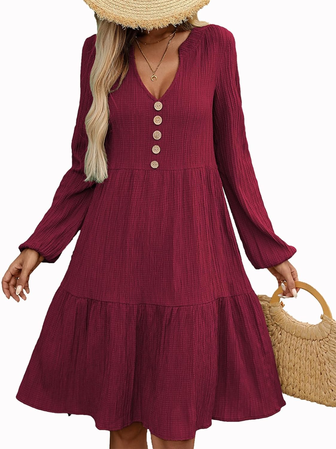 MSLG Women's Long Sleeve Spring Dress A Line Puff V Neck Pleated Buttons Pretty Garden Dresses 202 - Image 2