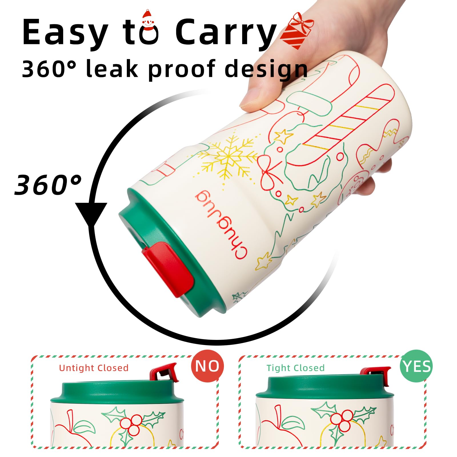 Taza de café de viaje de Navidad de 16 onzas con revestimiento de cerámica, tazas de café aisladas a prueba de fugas con tapa, vaso de café de acero inoxidable al vacío, taza reutilizable para