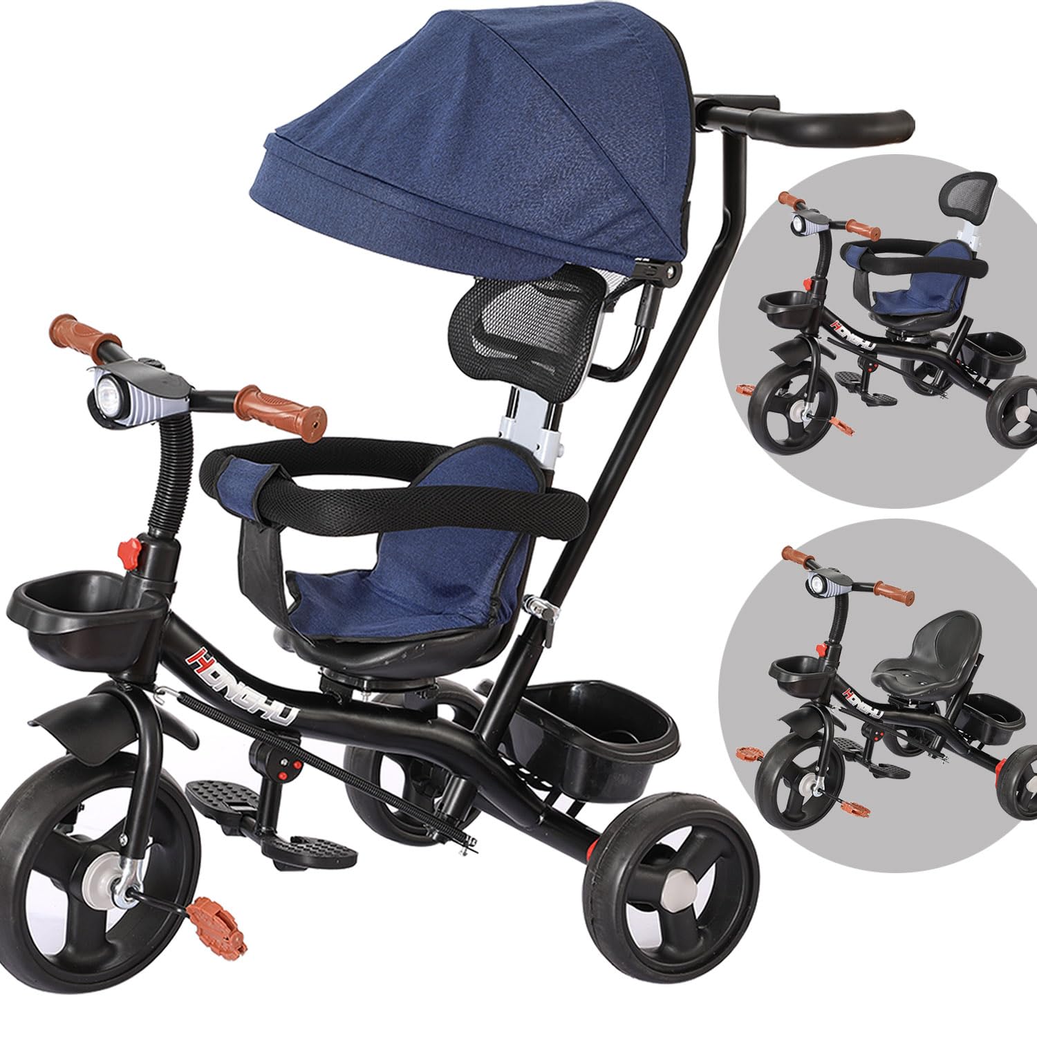 Tricycle for Kids, Natural Guest® 6 in 1 Trike with Shock-Absorbing Tires, Foldable Pedals for 6 months - 6 years old, Expanding Seat with Safety Belts, Anti-Slip Design Convenient Basket