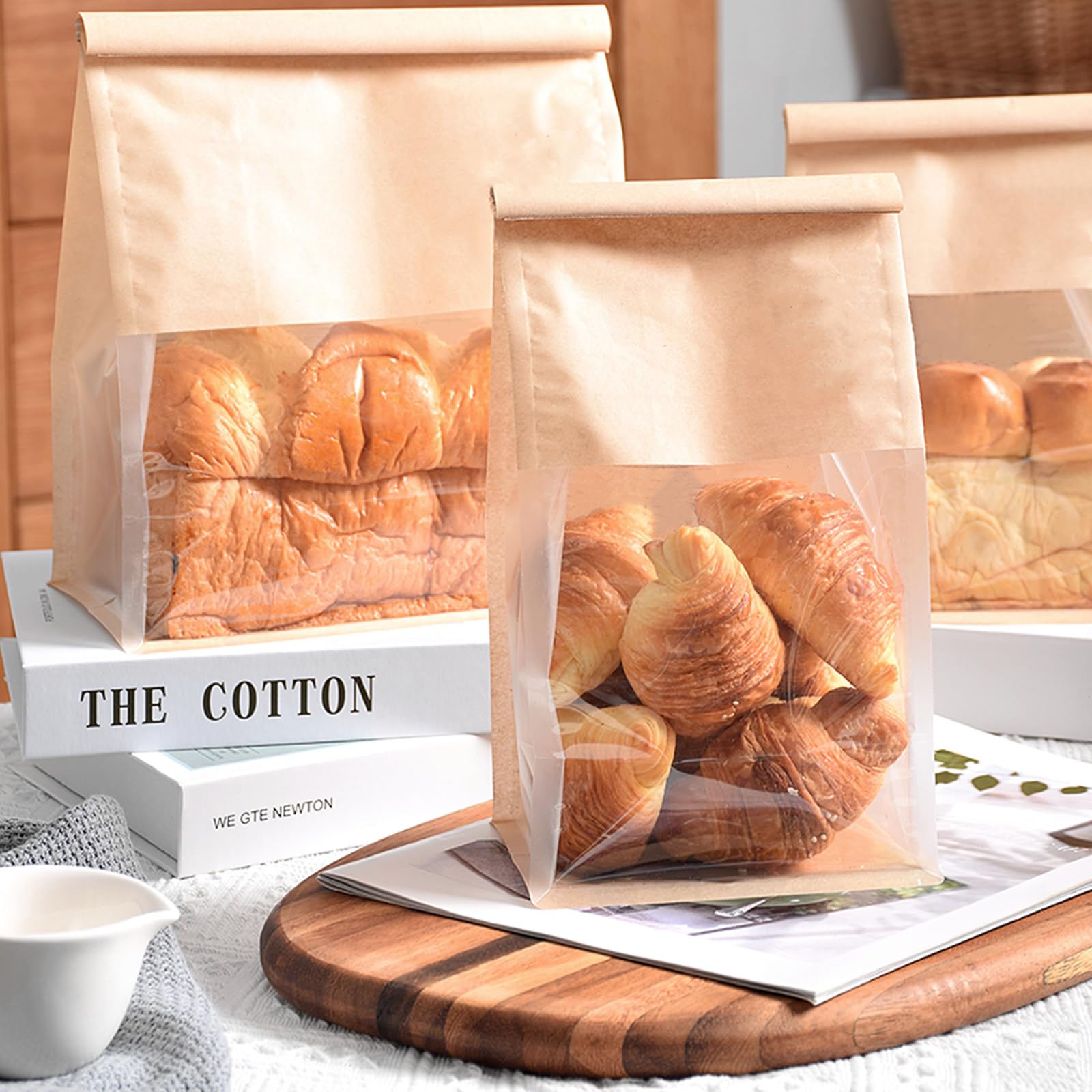 Ocmoiy 50 bolsas de panadería con ventana, bolsa de pan resellable, bolsas de pan con cierre frontal transparente para empacar galletas, pan, palomitas de maíz, bolsas de papel