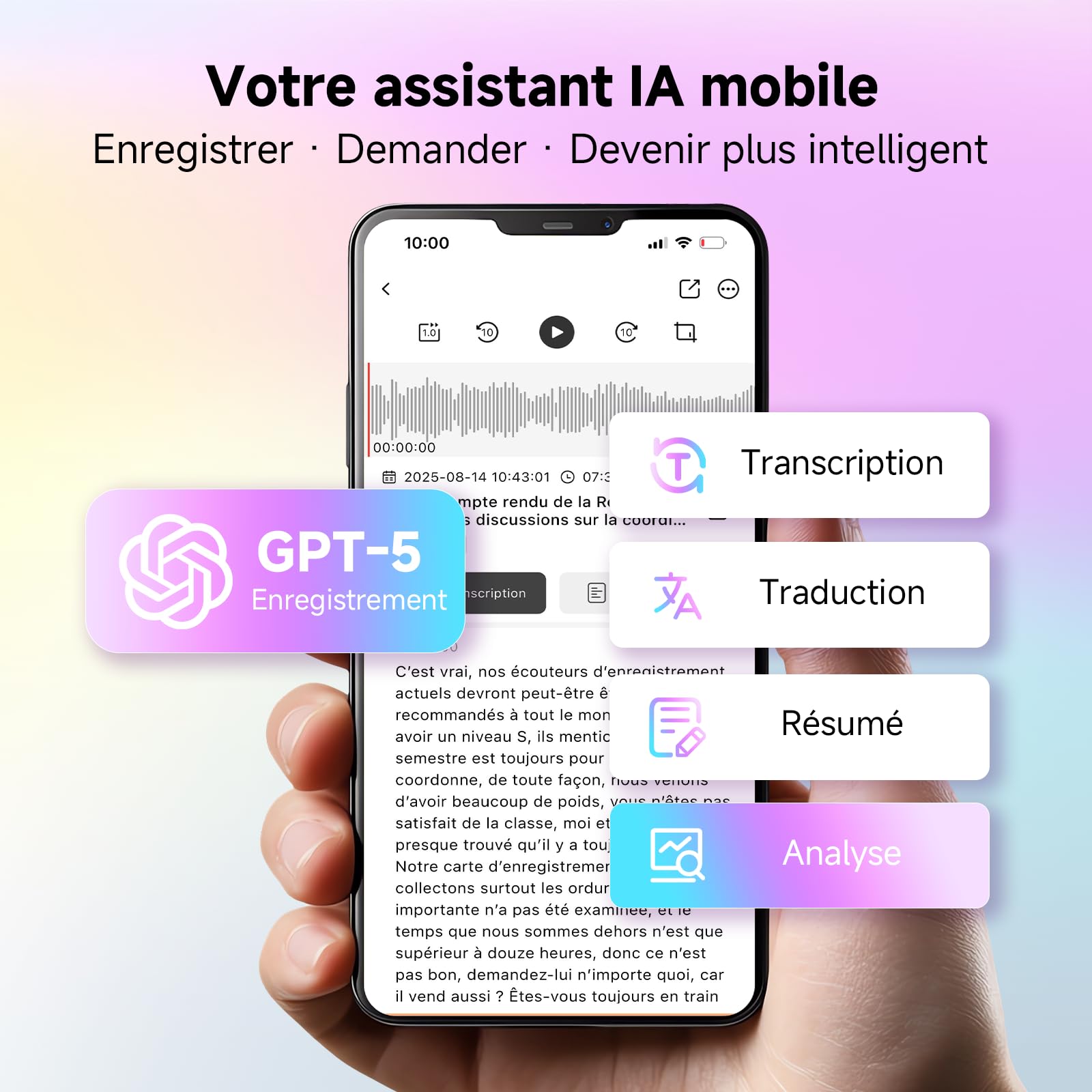 Enregistreur Vocal IA avec Étui magnétique Dictaphone - Contrôle par App, Traducteur & Transcription & résumé, 80+ Langues pour Conférences Appels