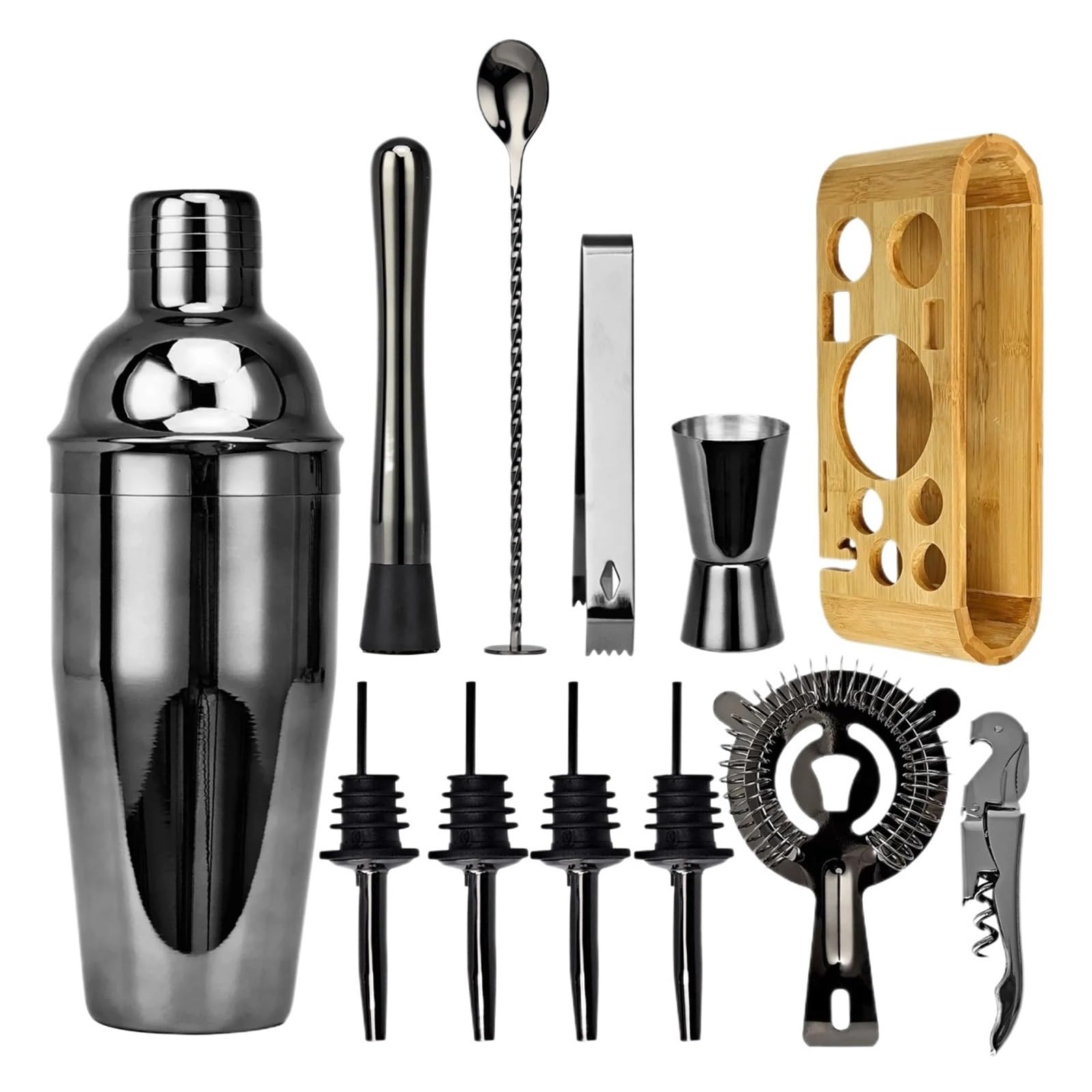 Juego de Herramientas barra con soporte bambú, coctelera acero inoxidable, Kit coctelería for fiesta en casa