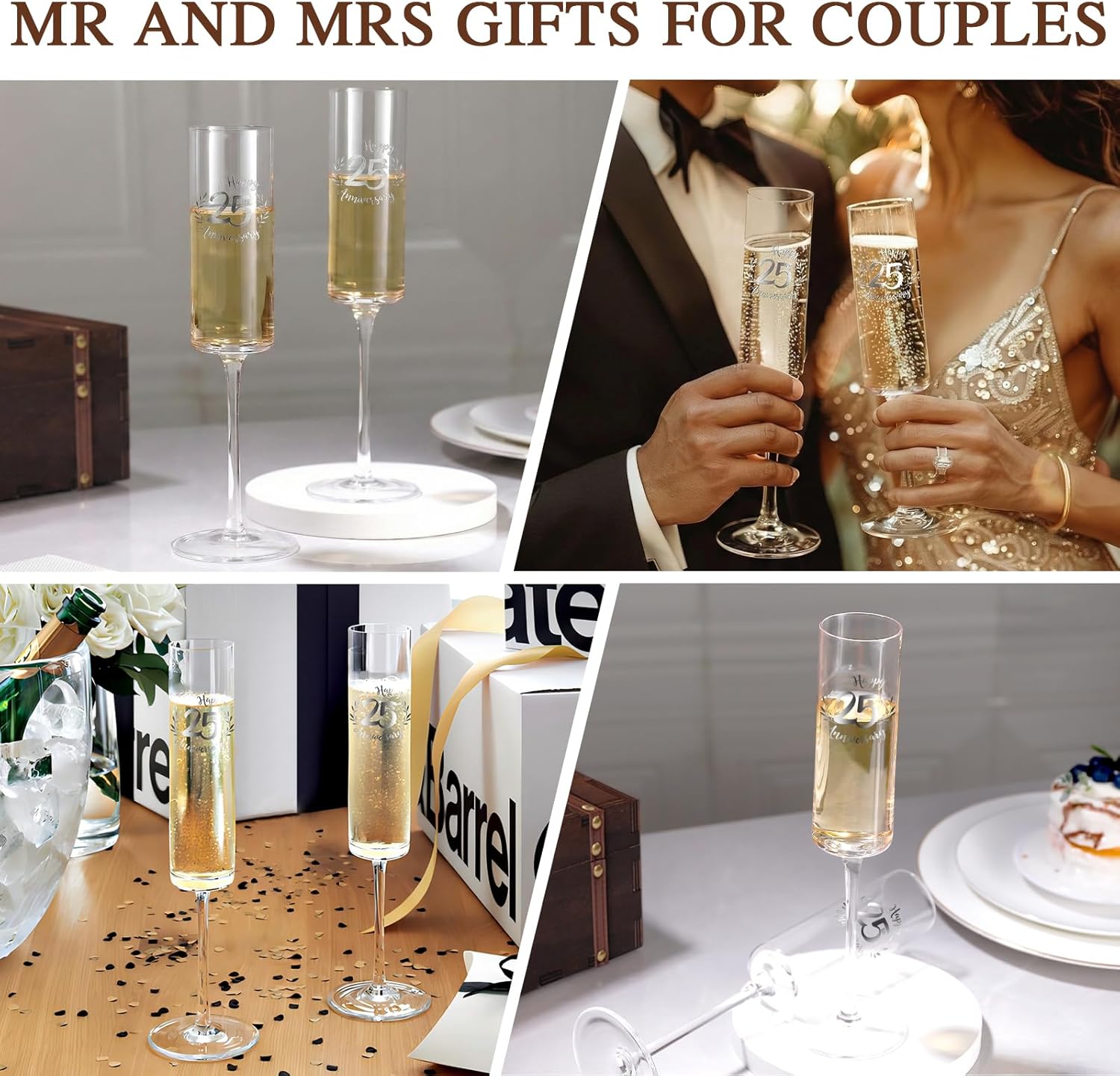 Physkoa Happy 25th Anniversary Champagne Flutes Set – Personalized Silver Wedding Anniversary Toasting Glasses – 2 Hand-Blown Crystal Flutes with Keepsake Box – Anniversary Present for Couple