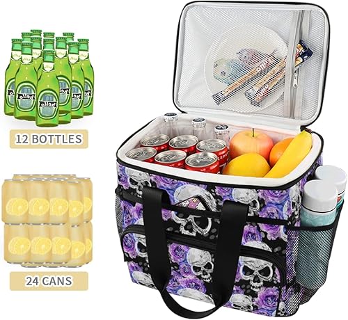 Miniatura 3 de MNSRUU Bolsa térmica con diseño de flores y calaveras aisladas, bolsa de picnic para playa, contenedor con correa ajustable para el hombro