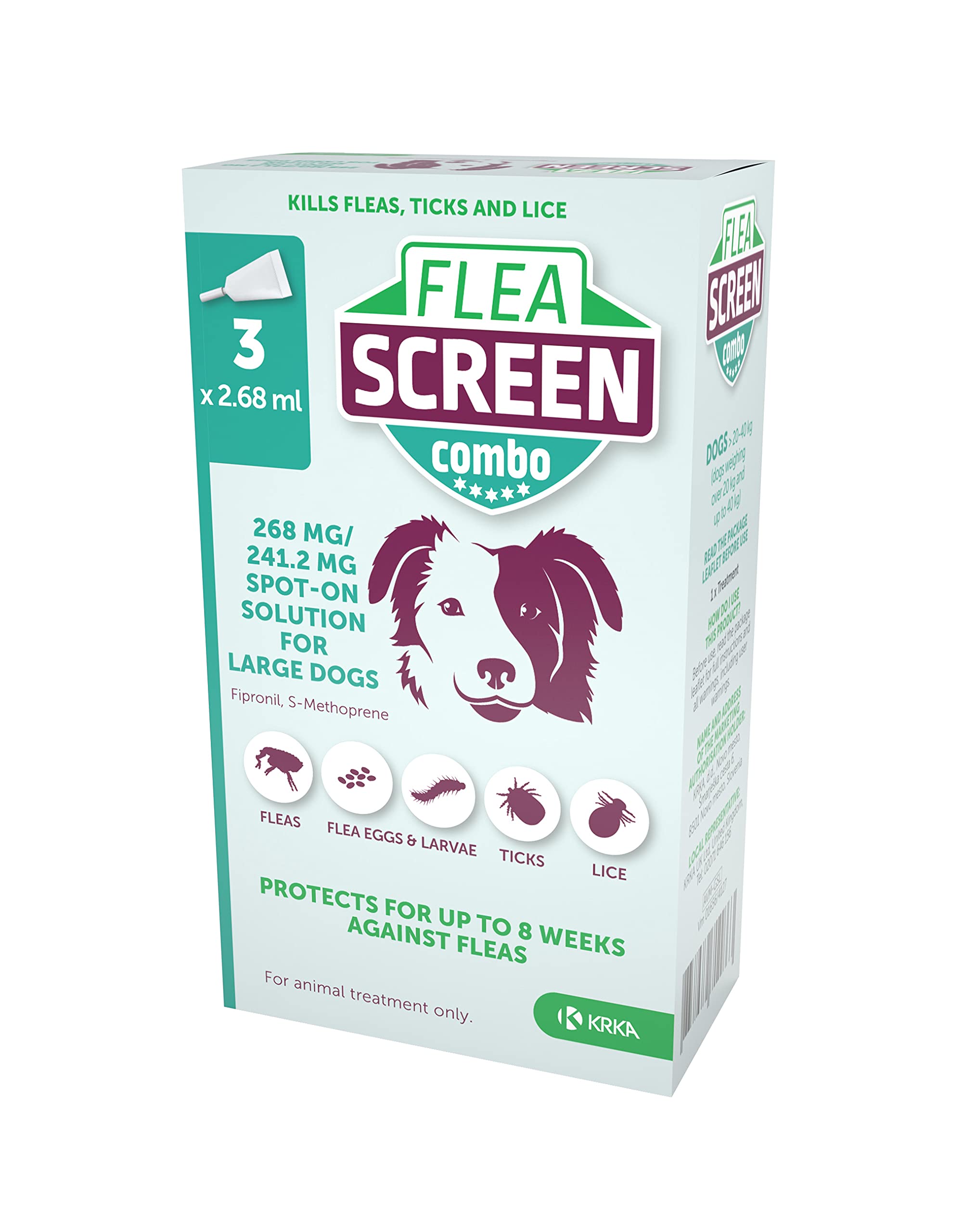 FLEA SCREEN comboLarge Dog, 3 Pipettes - Spot-On Flea Treatment for Large Dogs (20-40kg Body Weight) - Effectively Kills Fleas, Flea Eggs, Ticks - Provides Up to 8 Weeks Protection