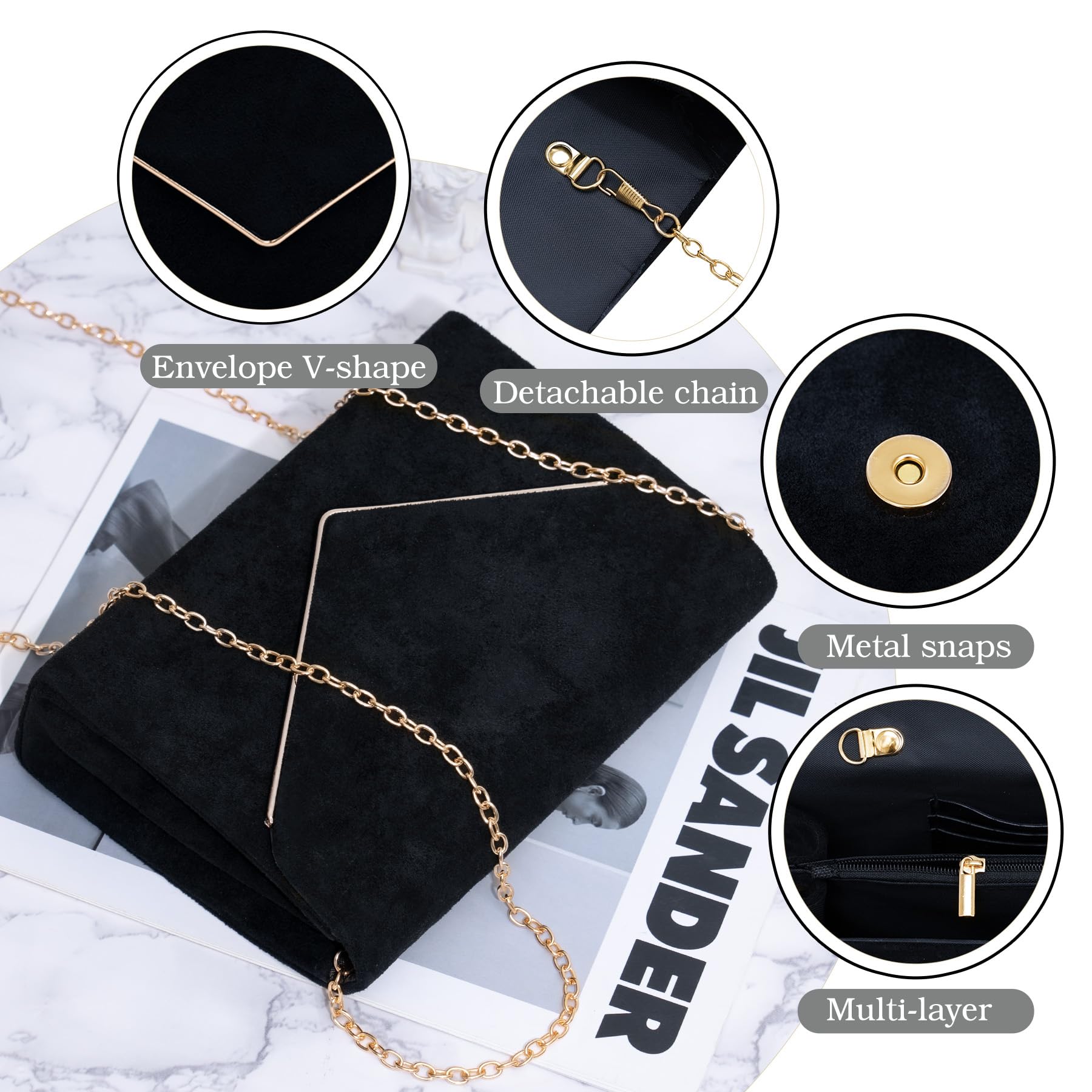 Larcenciel Clutch czarna, aksamitna torebka ze zdejmowanym łańcuszkiem, elegancka zamszowa koperta wieczorowa z kieszenią wielofunkcyjną, modna koperta z zamszu, na wesele, imprezę, 22 x 15 x 5 cm