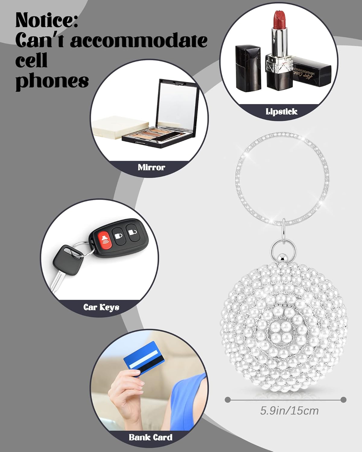 4 Pcs Faux Pearl Evening Clutch Purse Round Ball Silver Rhinestone Bag Pearl Jewelry Set for Women Evening Wedding Artificial Handbag - Image 3