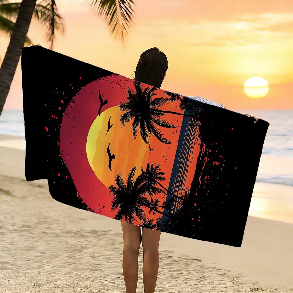 Duży ręcznik plażowy 90 x 180 cm 2 sztuki, ręcznik plażowy z mikrofibry, szybkoschnący, zachód słońca ręcznik na siłownię męski, odporny na piasek ręczniki z mikrofibry akcesoria podróżne, ręcznik na