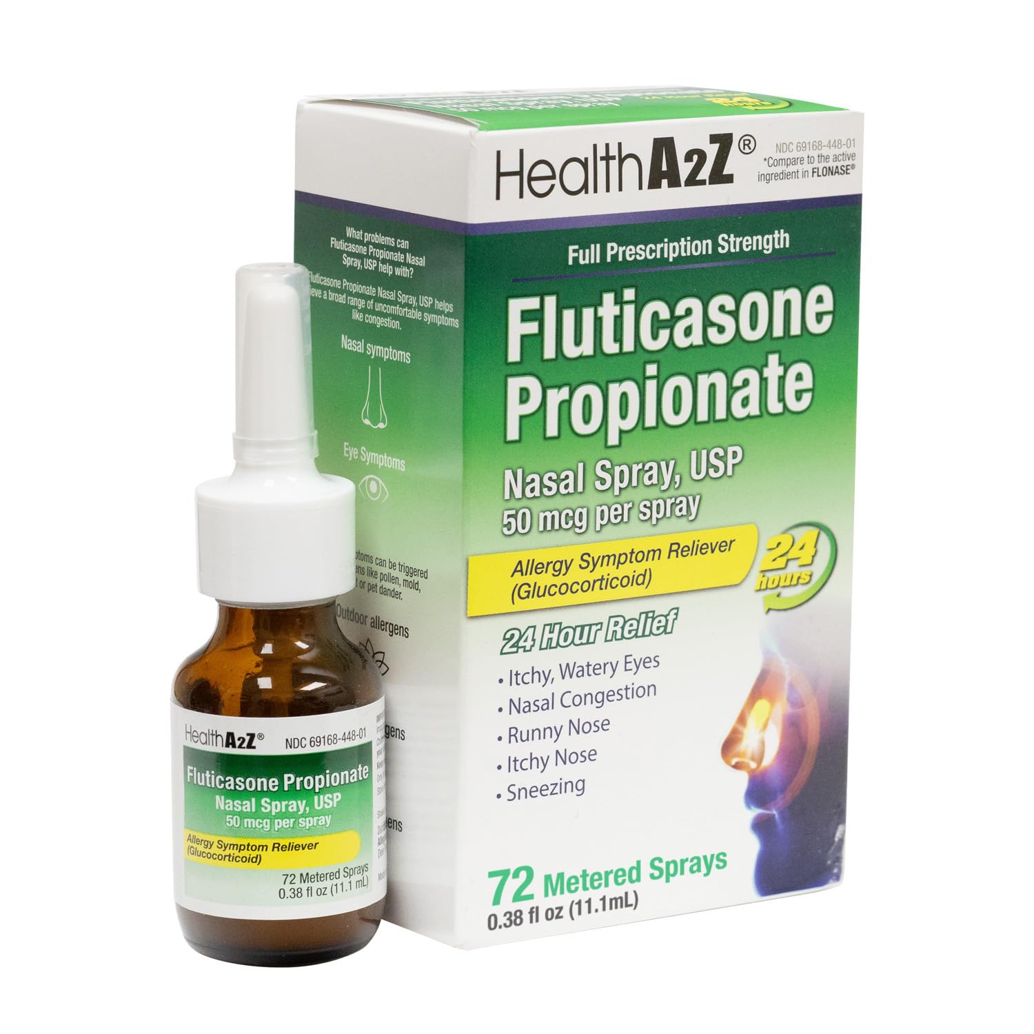 HealthA2Z® Fluticasone Propionate Nasal Spray | 50 mcg per Spray | 24 Hour Allergy Relief | 72 Sprays | 0.38 fl oz. (11.1mL) | Nasal Decongestant | Non-Drowsy | Allergy Relief Spray