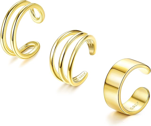 ORAZIO 3PCS Adjustable Cuff Earrings 925 Sterling Silver Ear Cuff Earrings 14K Gold Plated Non-Piercing Fake Helix Cartilage Cuff Earrings Conch Cuffs Earrings for Women