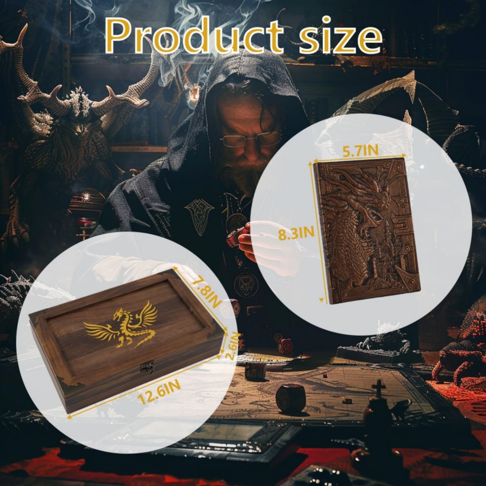 Dreamplay Gifts 2 In 1 Dnd Dice Tray Metal Dice Wooden Box with DND Notebook For Rolling & Storage Organizer RPG Table Games Dice Box Dungeons & Dragons Players Or Metal Polyhedral (Flame) - Image 2
