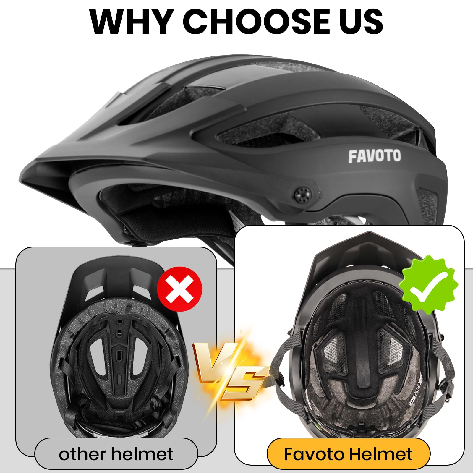 Favoto Casco Bicicleta Adulto Unisex - Casco Ligero de Bicicleta de Montaña (MTB) con Triple Capa de Protección, 14 Ventilaciones, Visera Desmontable y Forro Lavable
