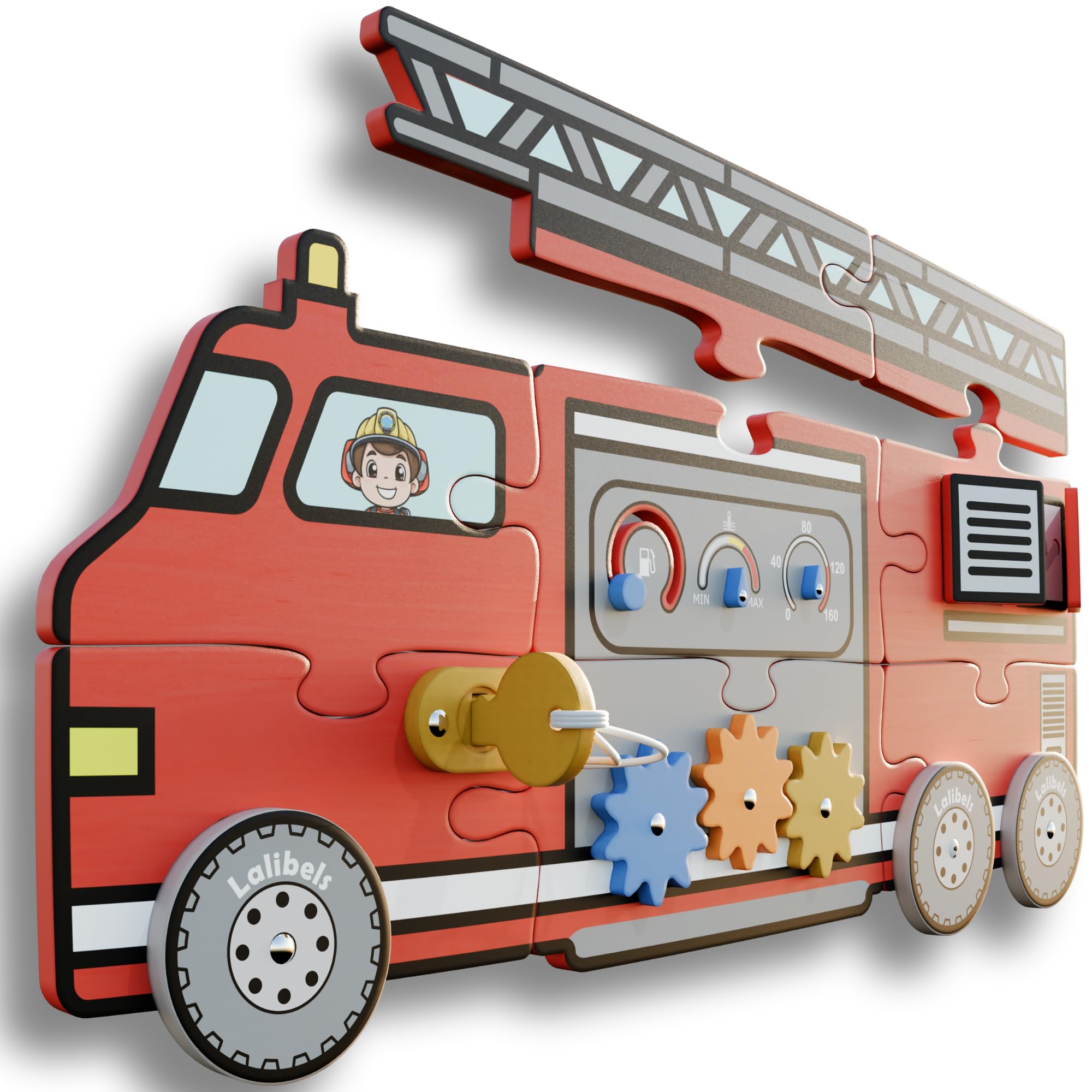 Lalibels Montessori Busy Board for Toddlers 1-3 - Large Wooden Fire Truck Sensory Activity Center - Fine Motor Skills Learning Toy Gift for Boys &