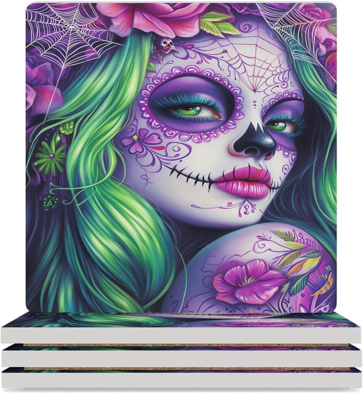 Day of The Dead Skull Woman Ceramic Coasters Set Square Drink Coasters Table Coaster for Kitchen Desktop Decor