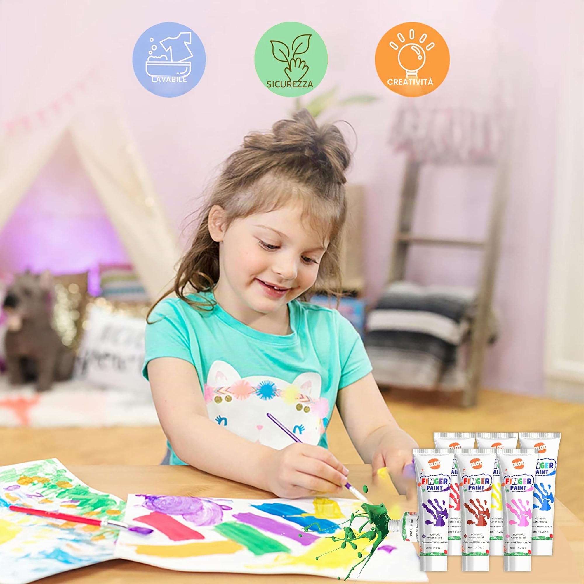 BLOT Colori a Dita per Bambini Lavabili Pitture Dita Bambini Non Tossico con Spugna Pennelli Tavolozza per Dipingere Apprendimento Precoce Disegno Regalo