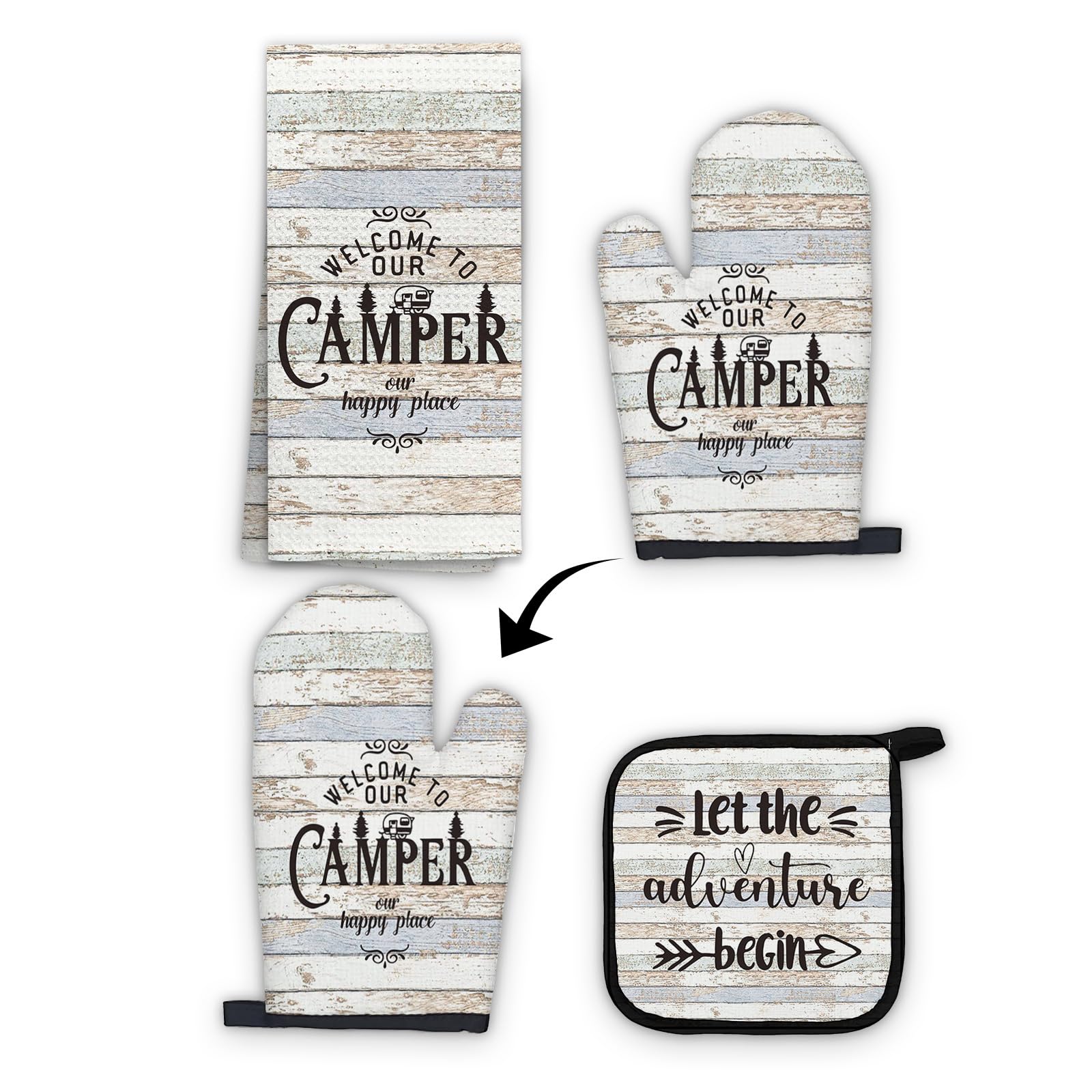 OHSULCamper Gifts Kitchen Towels and Oven Mitt Pot Holder Set, Camping Rv Kitchen Decor Accessories, Happy Camper Rustic Camping Heat Resistant Oven Gloves Hot Pads Hand Towels for Kitchen