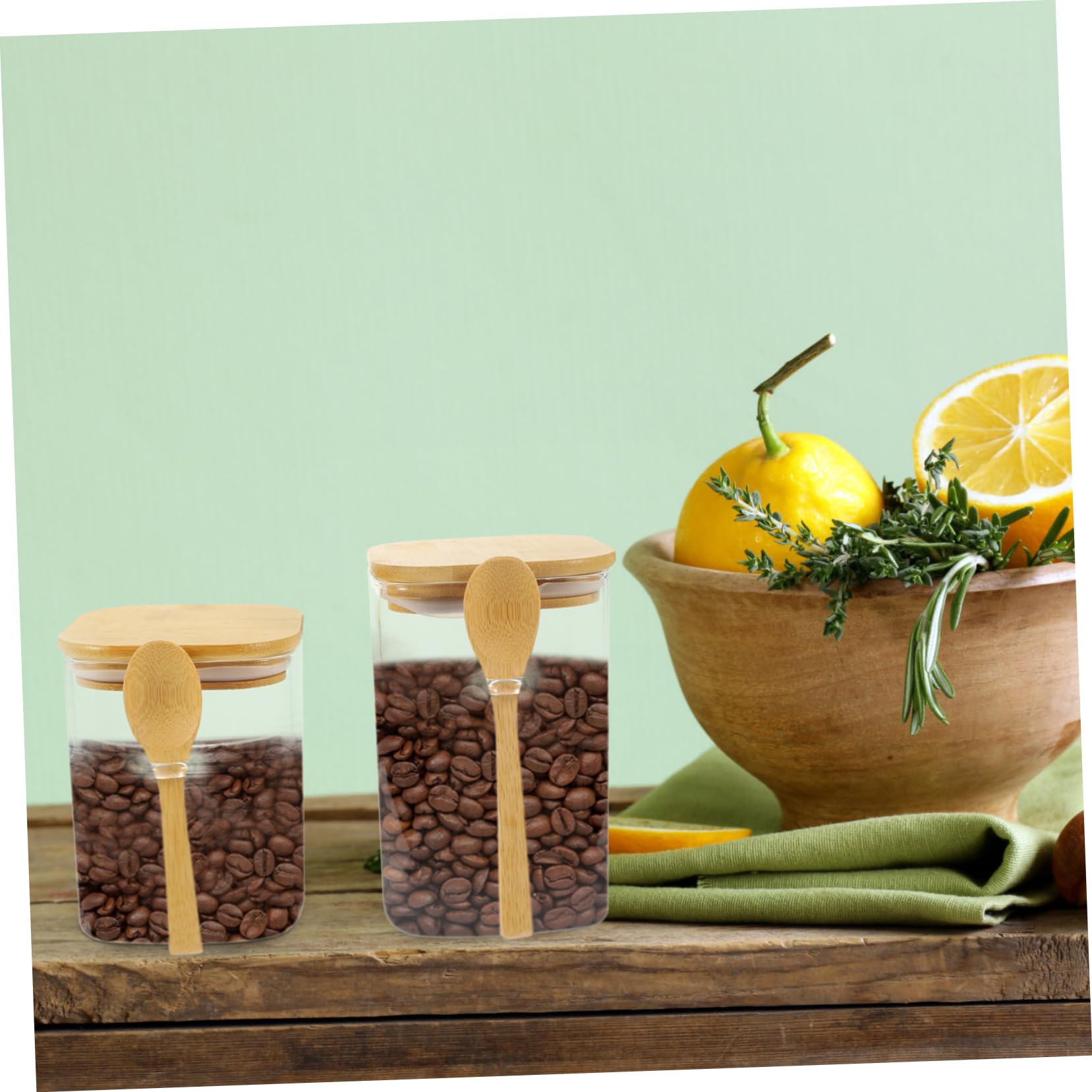 Zerodeko Kaffeebohnen Behälter 2 Stück Glas mit Holzlöffel, Luftdicht | 800ml und 1000ml, Breite Öffnung, zur Aufbewahrung Trockener Lebensmittel