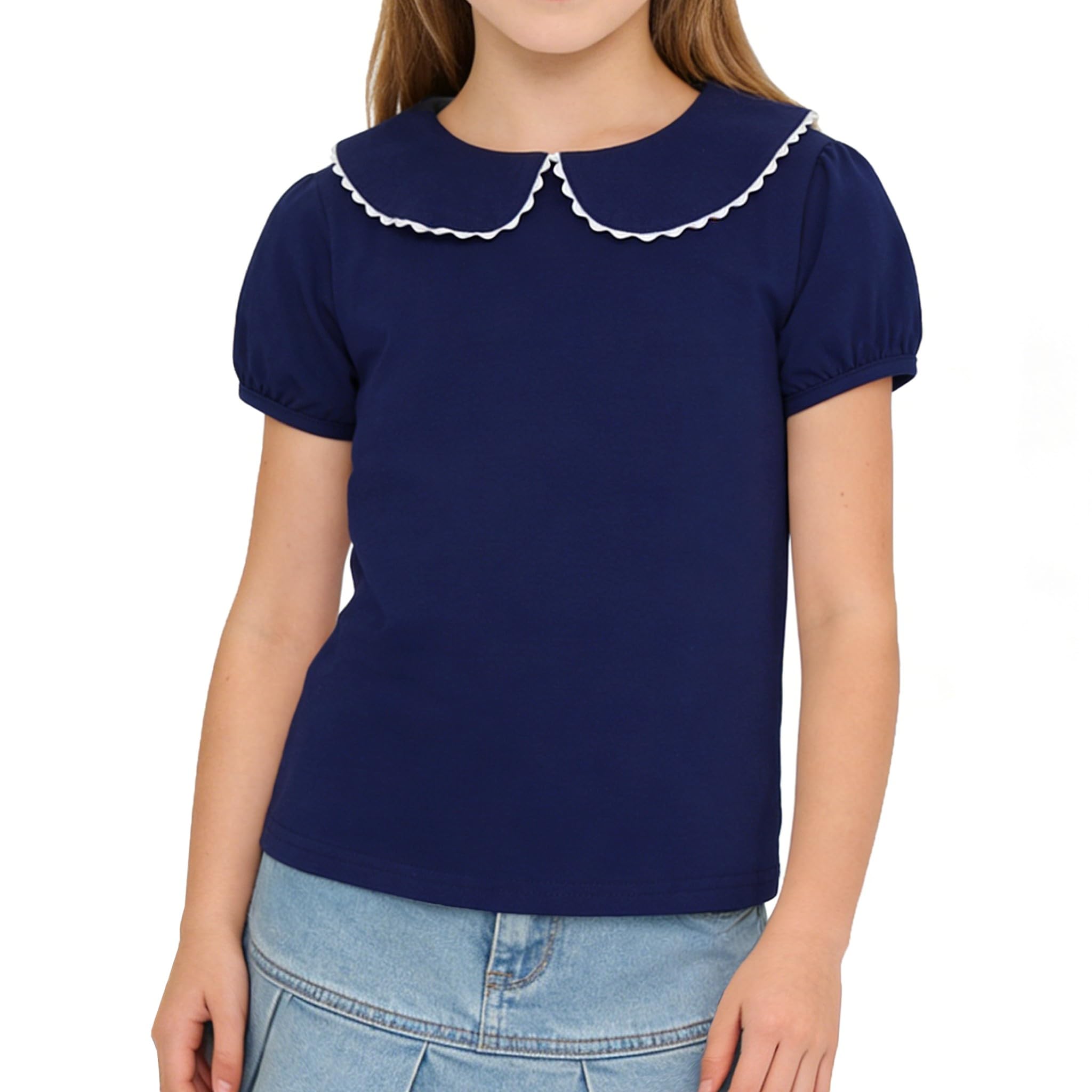 LYSMuch Girl Short Sleeve Peter Pan Collar Shirt Kid School Polo Shirt