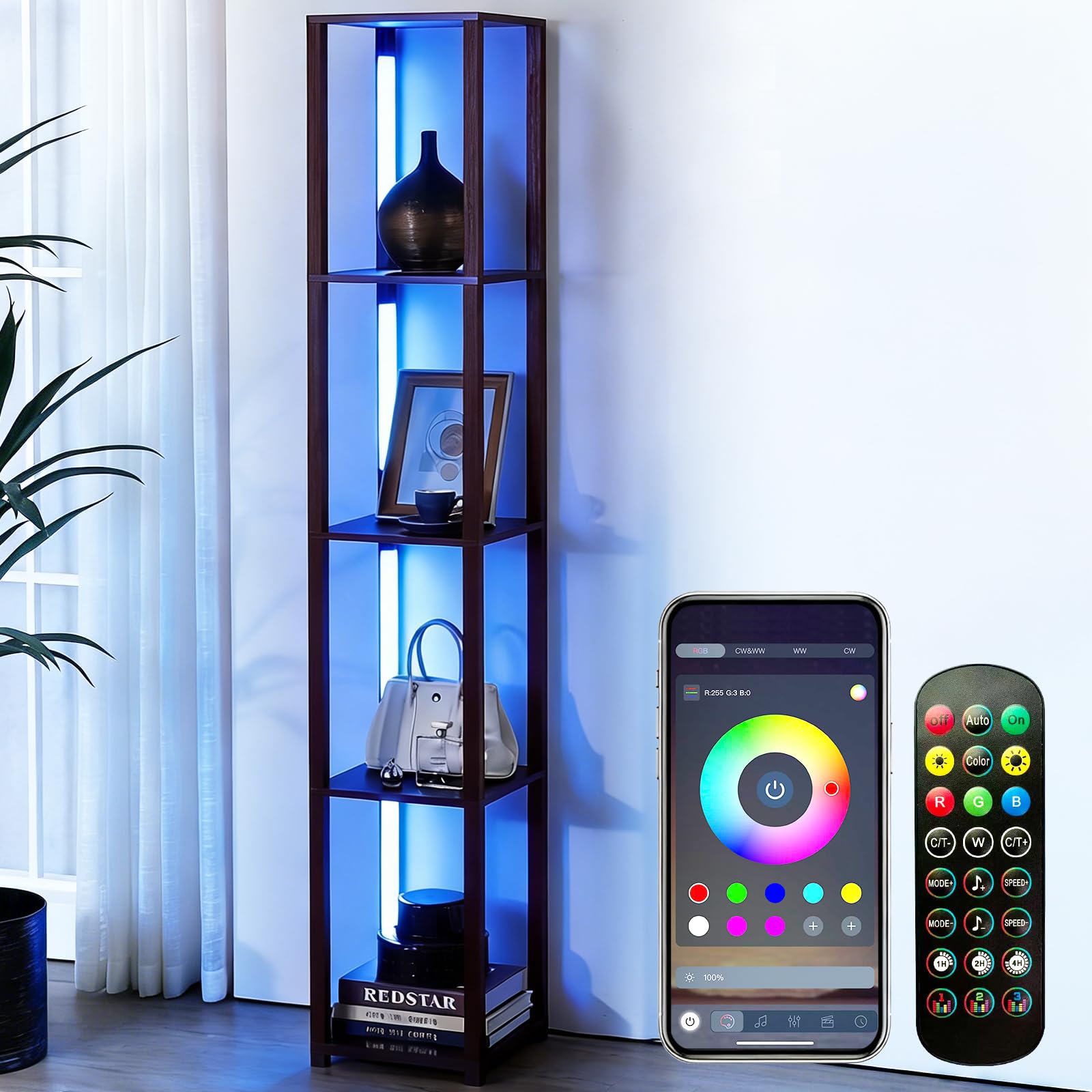 RGBCW Floor Lamp with Shelves Smart Modern Floor Lamp with Music Sync Color Changing Corner Display Shelf Lamp