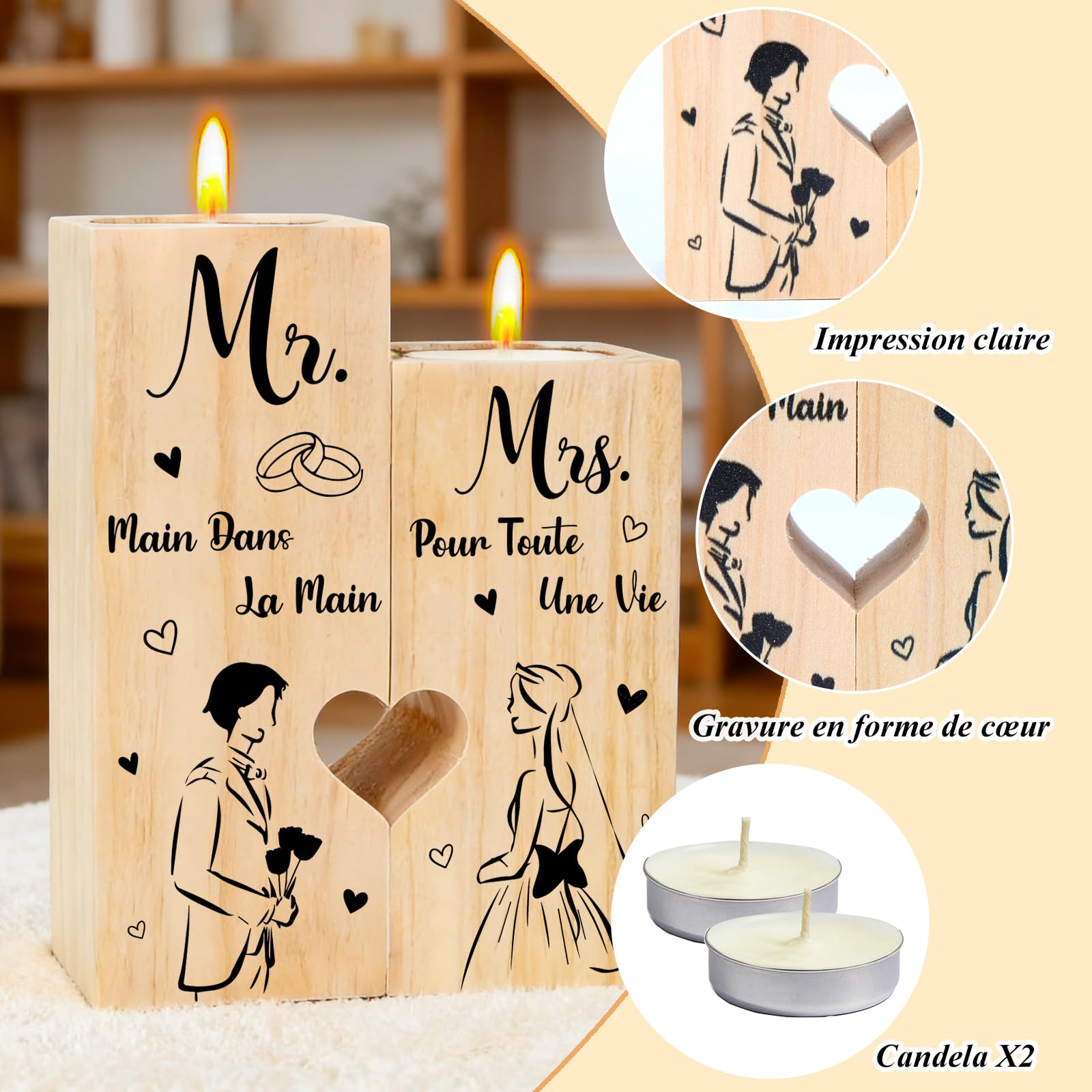 Cadeau Mariage, Cadeau de Mariage Personnalisé - Mr Mrs Candélabre en Bois, Cadeau Couple, Cadeaux pour Mariée Et Le Marié, Idée Cadeau Anniversaire Mariage, Fiançailles