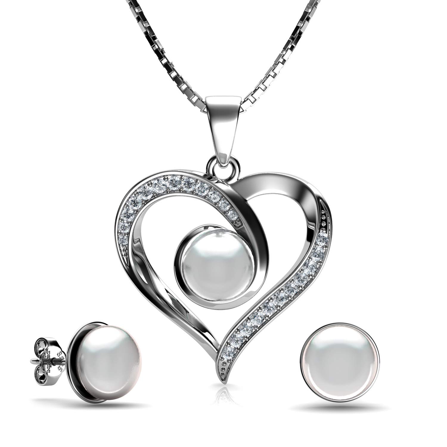 DEPHINI Juego de collar y pendientes de perlas - Plata de ley 925 - Pendientes de gota de perla real y colgante de perla - Juego de joyería fina para mujeres