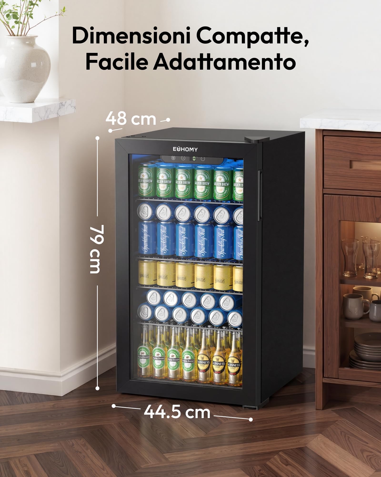 EUHOMY Frigorifero per bevande, mini frigo per 126 lattine con porta in vetro, piccolo frigorifero con ripiani regolabili per limonata, birra o vino, perfetto per casa/bar, ufficio, nero
