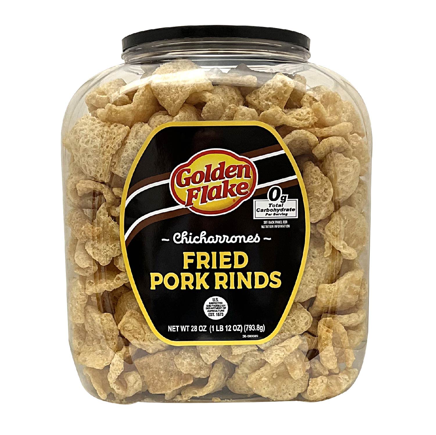 Photo 1 of Golden Flake Pork Rind Barrel, Traditional, 28 oz. Barrel, Low Carb Snack, Light and Airy Pork Skins with the Perfect Amount of Salt Original 1.75 Pound (Pack of 1)